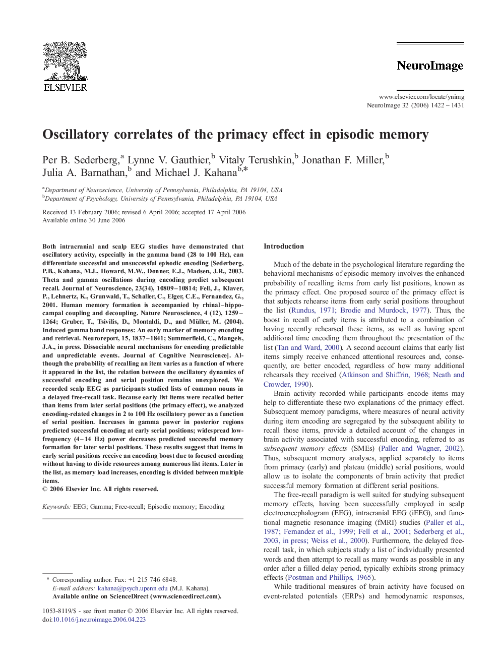 عکس صفحه اول مقاله: Oscillatory correlates of the primacy effect in episodic memory Oscillatory correlates of the primacy effect in episodic memory
