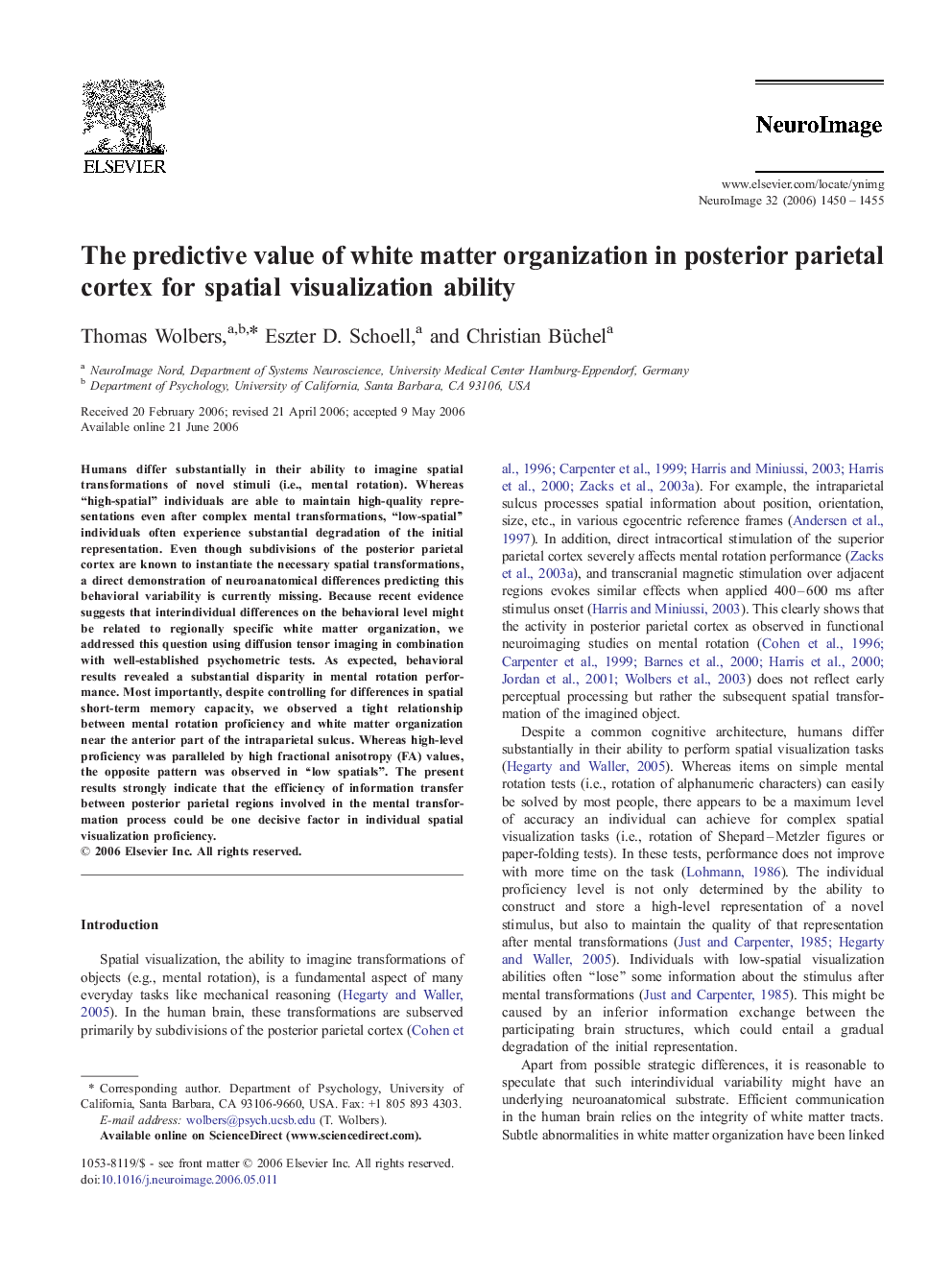 The predictive value of white matter organization in posterior parietal cortex for spatial visualization ability