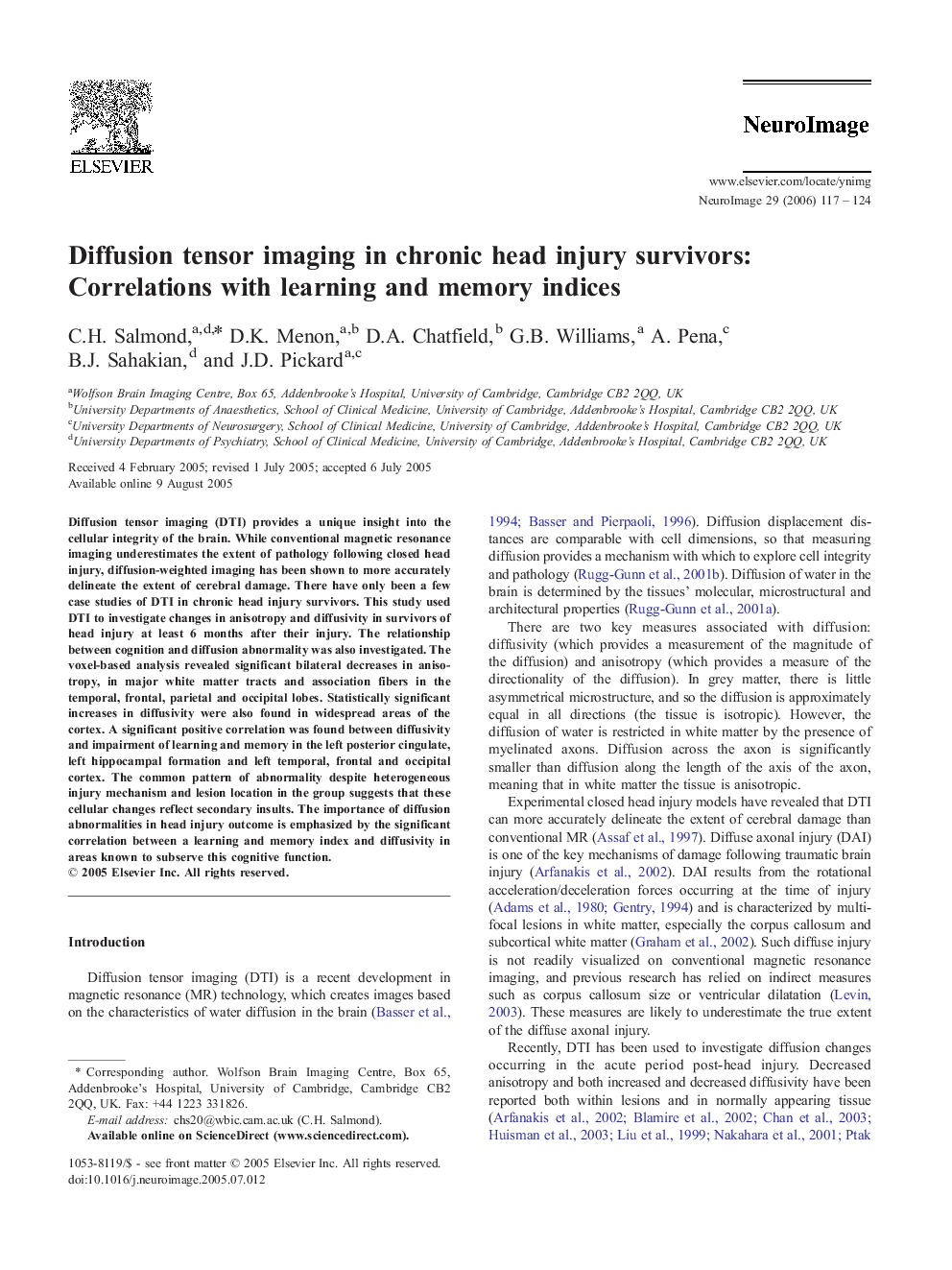 Diffusion tensor imaging in chronic head injury survivors: correlations with learning and memory indices