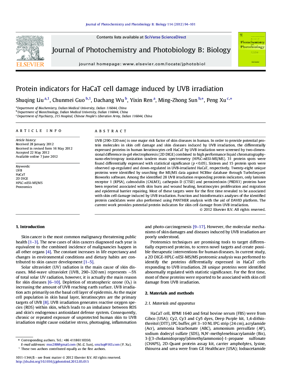 Protein indicators for HaCaT cell damage induced by UVB irradiation