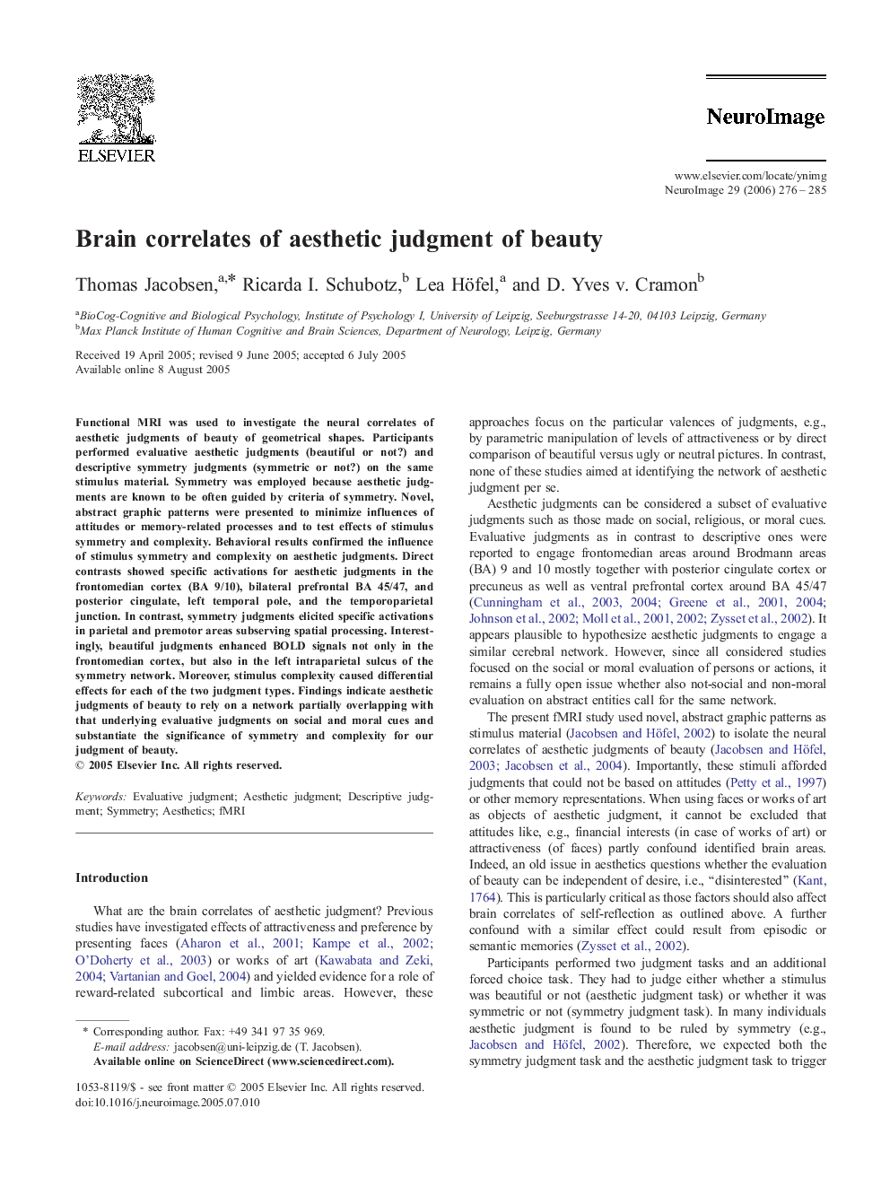 Brain correlates of aesthetic judgment of beauty