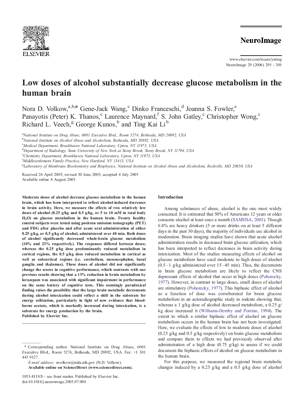 Low doses of alcohol substantially decrease glucose metabolism in the human brain