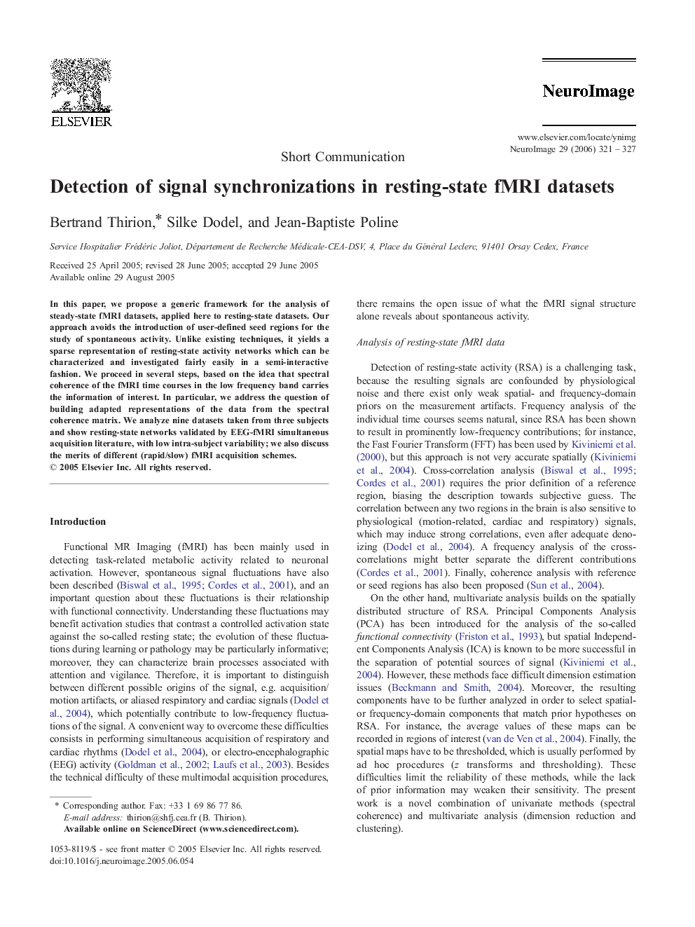 Detection of signal synchronizations in resting-state fMRI datasets