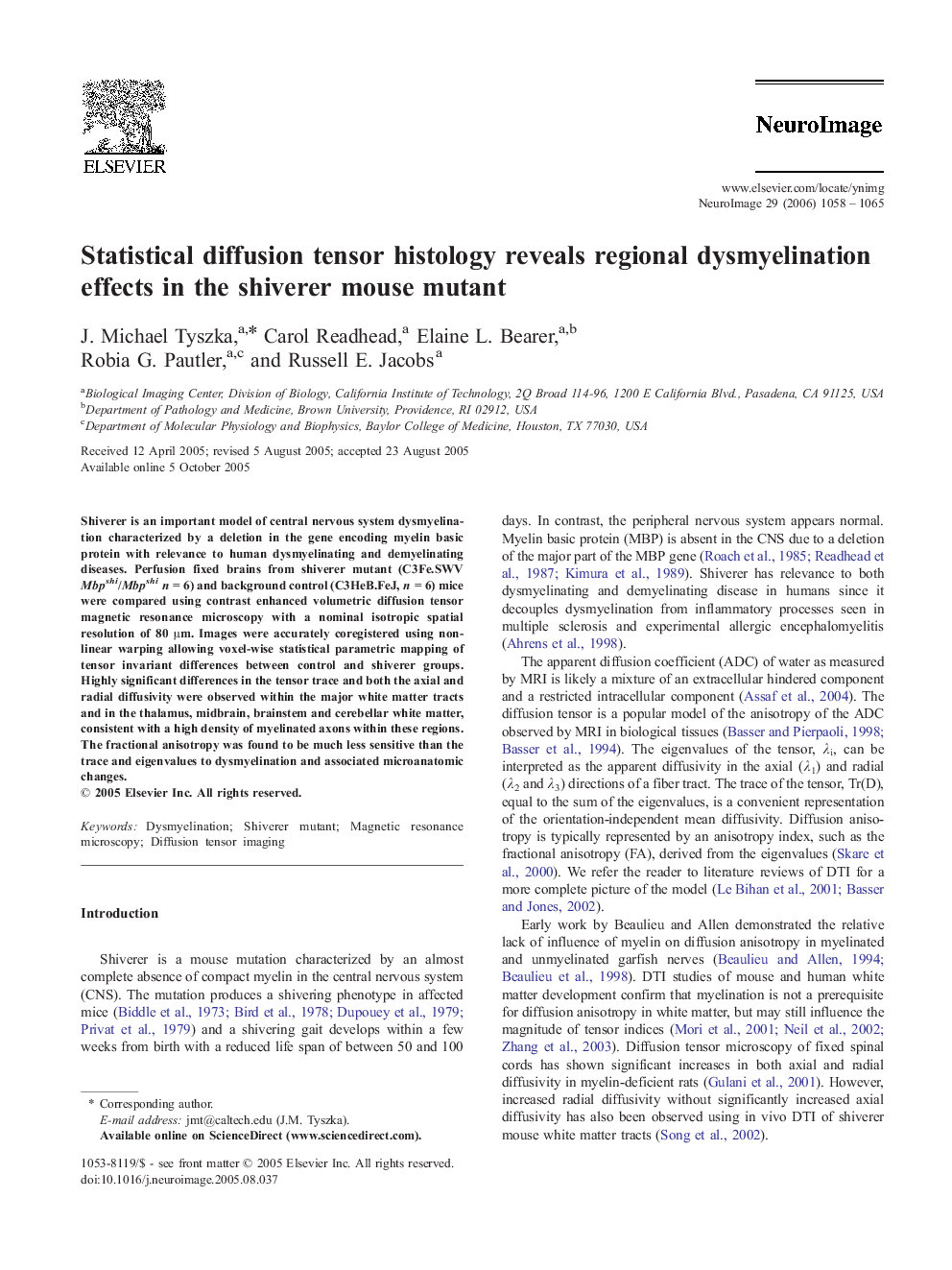 Statistical diffusion tensor histology reveals regional dysmyelination effects in the shiverer mouse mutant