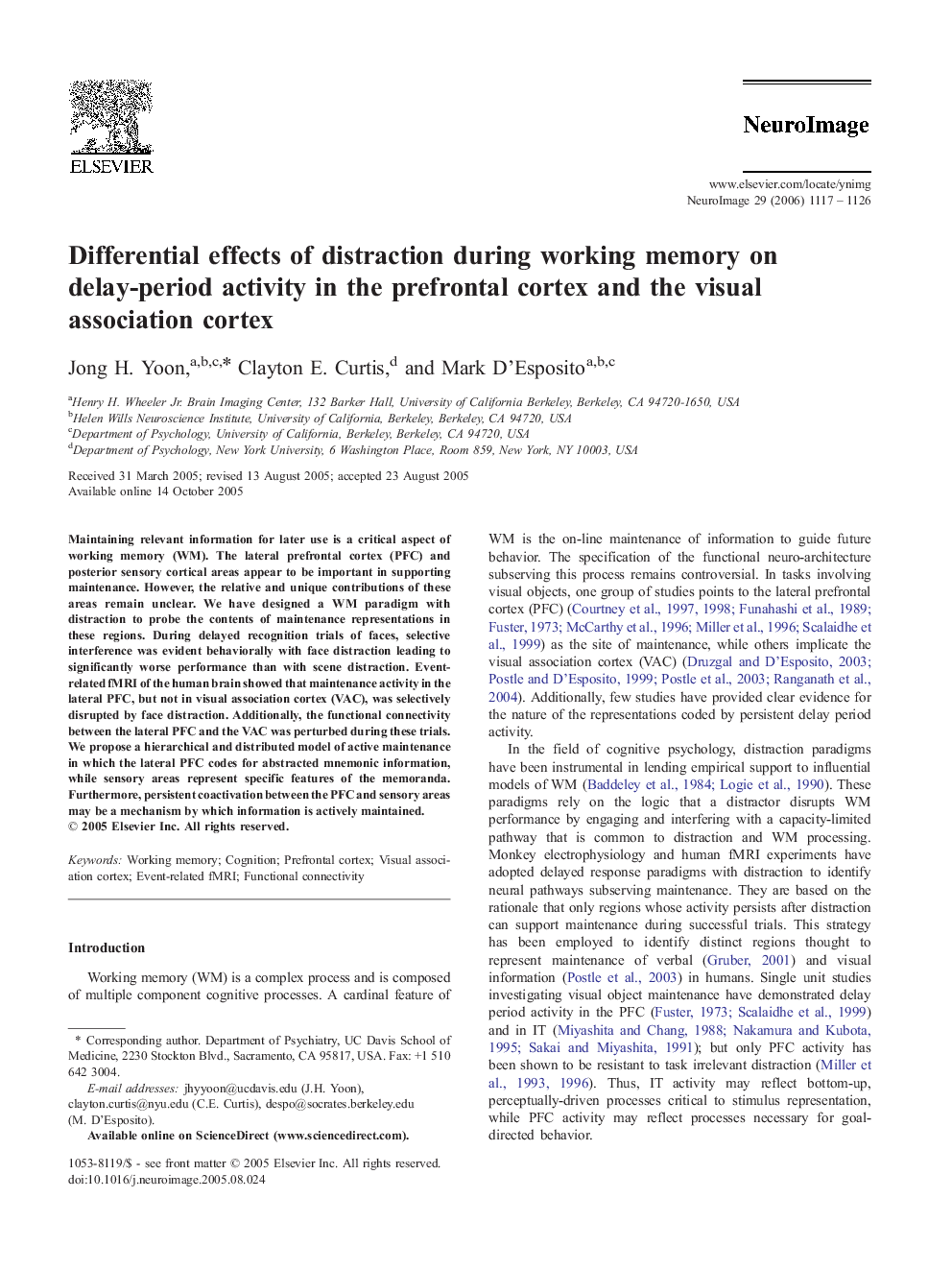 Differential effects of distraction during working memory on delay-period activity in the prefrontal cortex and the visual association cortex