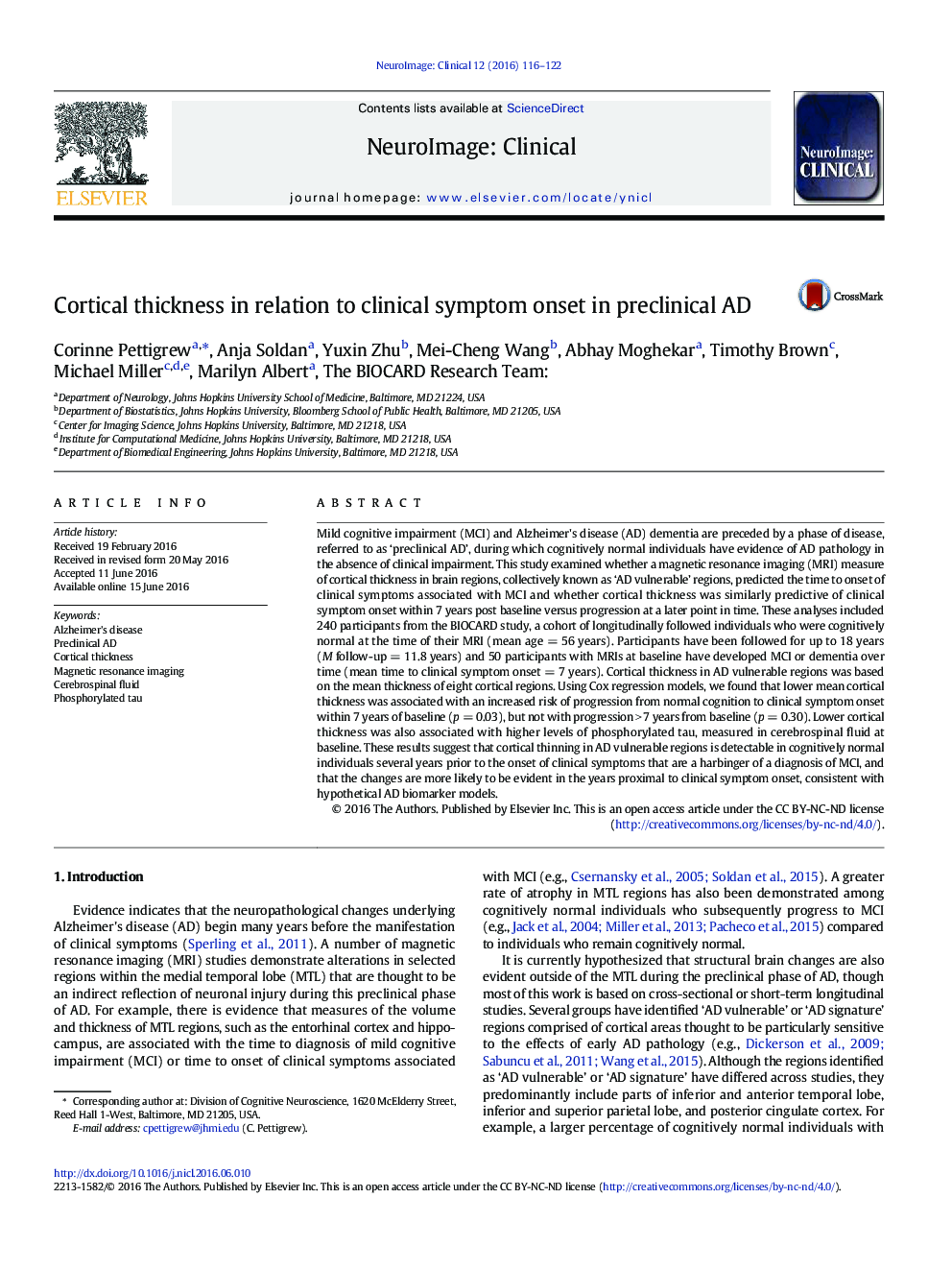 Cortical thickness in relation to clinical symptom onset in preclinical AD