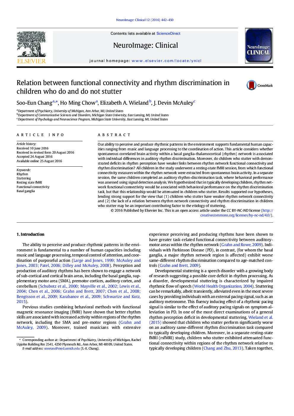 Relation between functional connectivity and rhythm discrimination in children who do and do not stutter