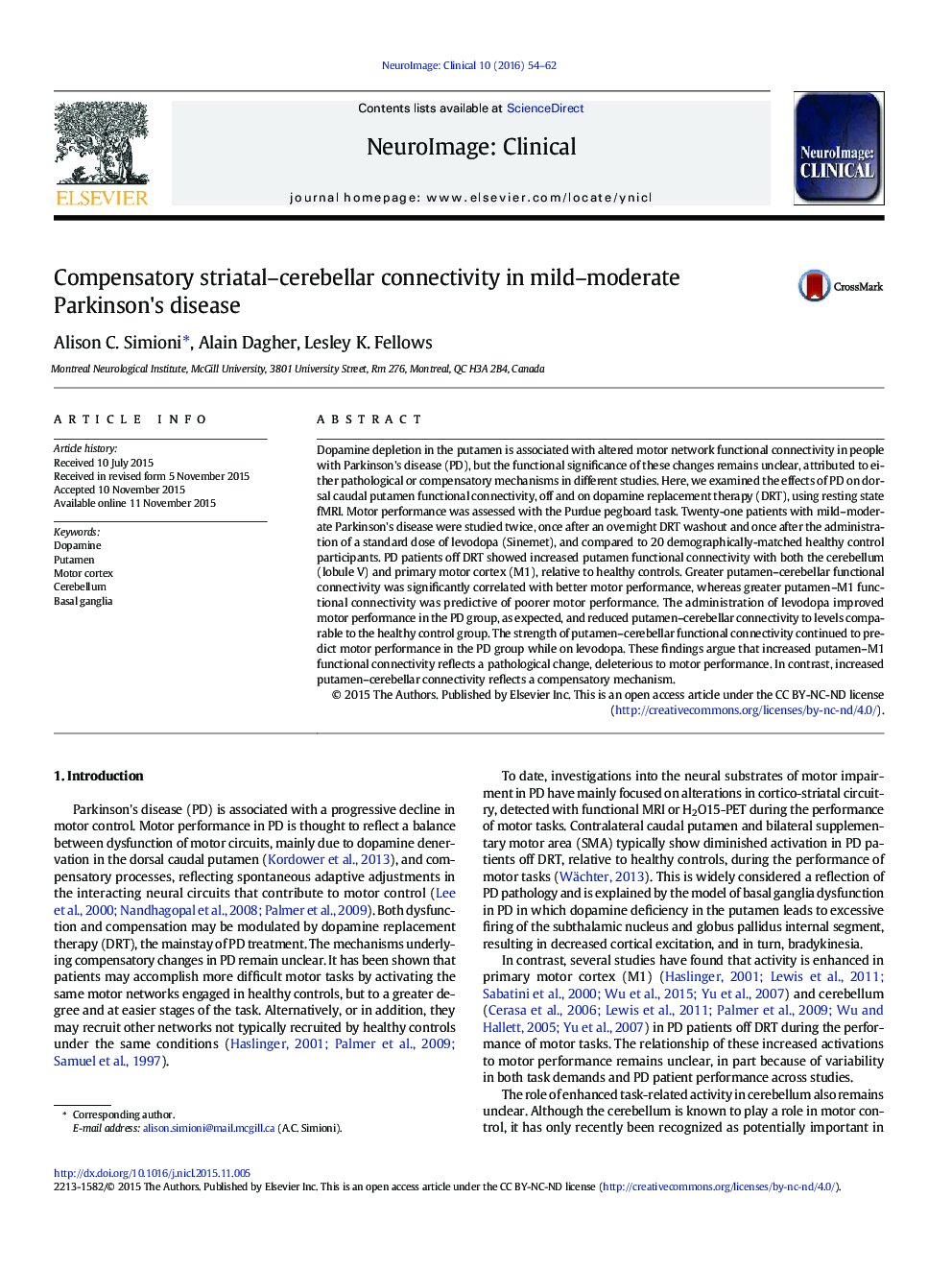 Compensatory striatal–cerebellar connectivity in mild–moderate Parkinson's disease