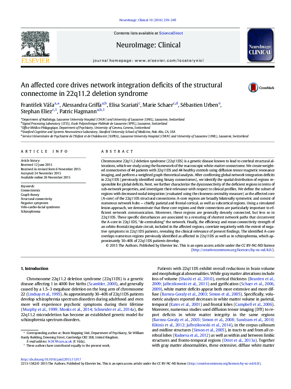 An affected core drives network integration deficits of the structural connectome in 22q11.2 deletion syndrome