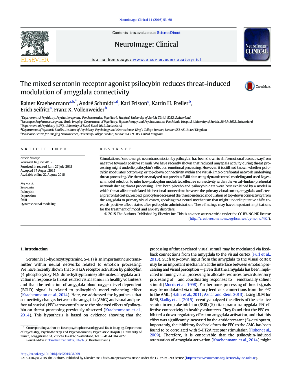 The mixed serotonin receptor agonist psilocybin reduces threat-induced modulation of amygdala connectivity