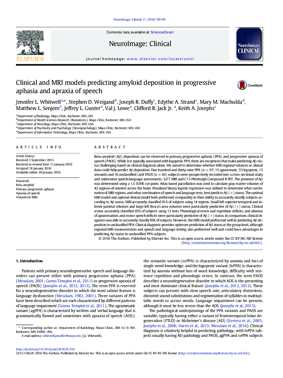 Clinical and MRI models predicting amyloid deposition in progressive aphasia and apraxia of speech