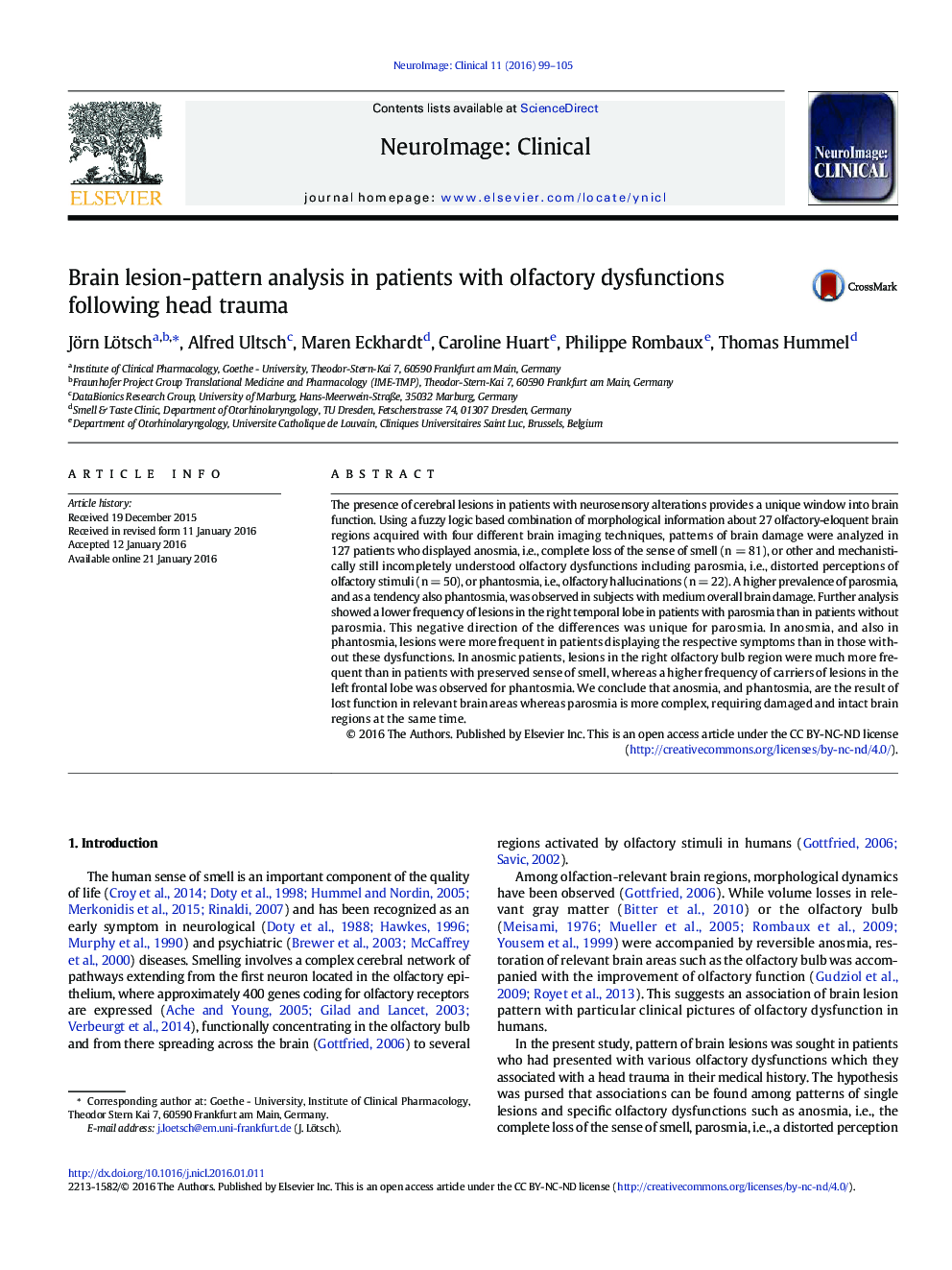 Brain lesion-pattern analysis in patients with olfactory dysfunctions following head trauma