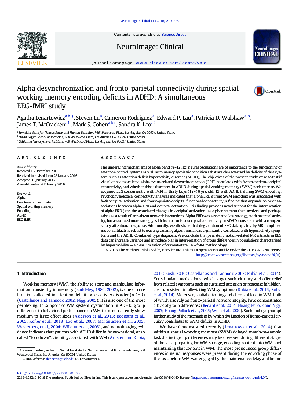 Alpha desynchronization and fronto­parietal connectivity during spatial working memory encoding deficits in ADHD: A simultaneous EEG­fMRI study