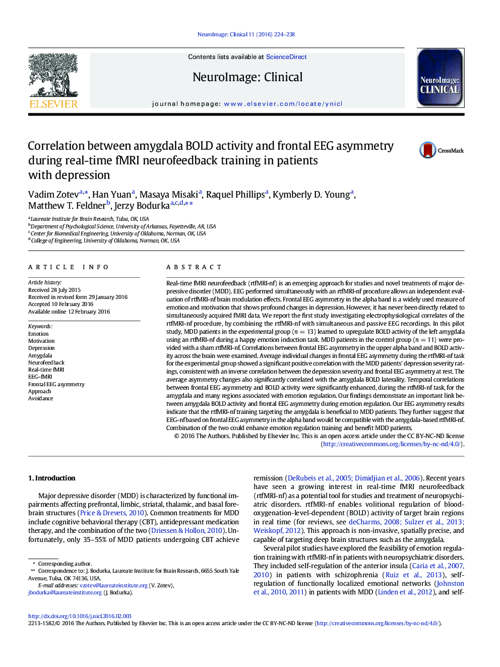 Correlation between amygdala BOLD activity and frontal EEG asymmetry during real-time fMRI neurofeedback training in patients with depression