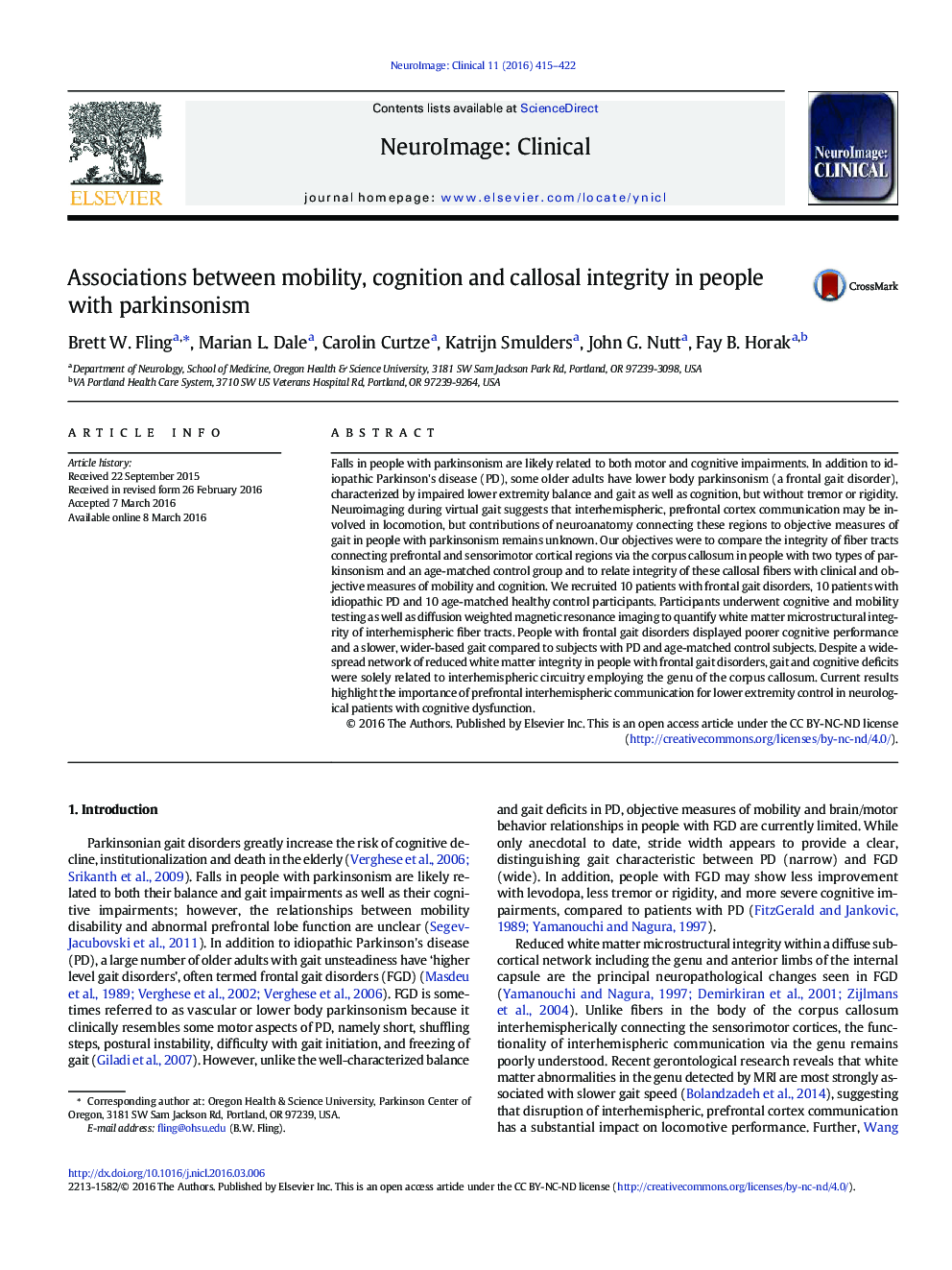 Associations between mobility, cognition and callosal integrity in people with parkinsonism