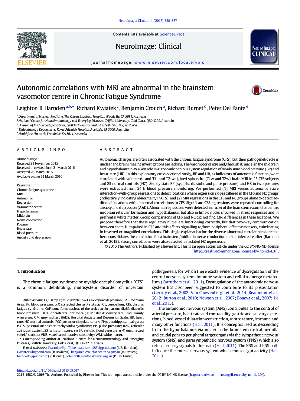 Autonomic correlations with MRI are abnormal in the brainstem vasomotor centre in Chronic Fatigue Syndrome