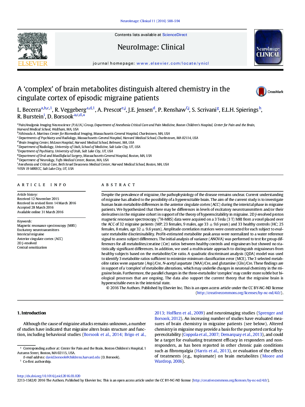 A ‘complex’ of brain metabolites distinguish altered chemistry in the cingulate cortex of episodic migraine patients