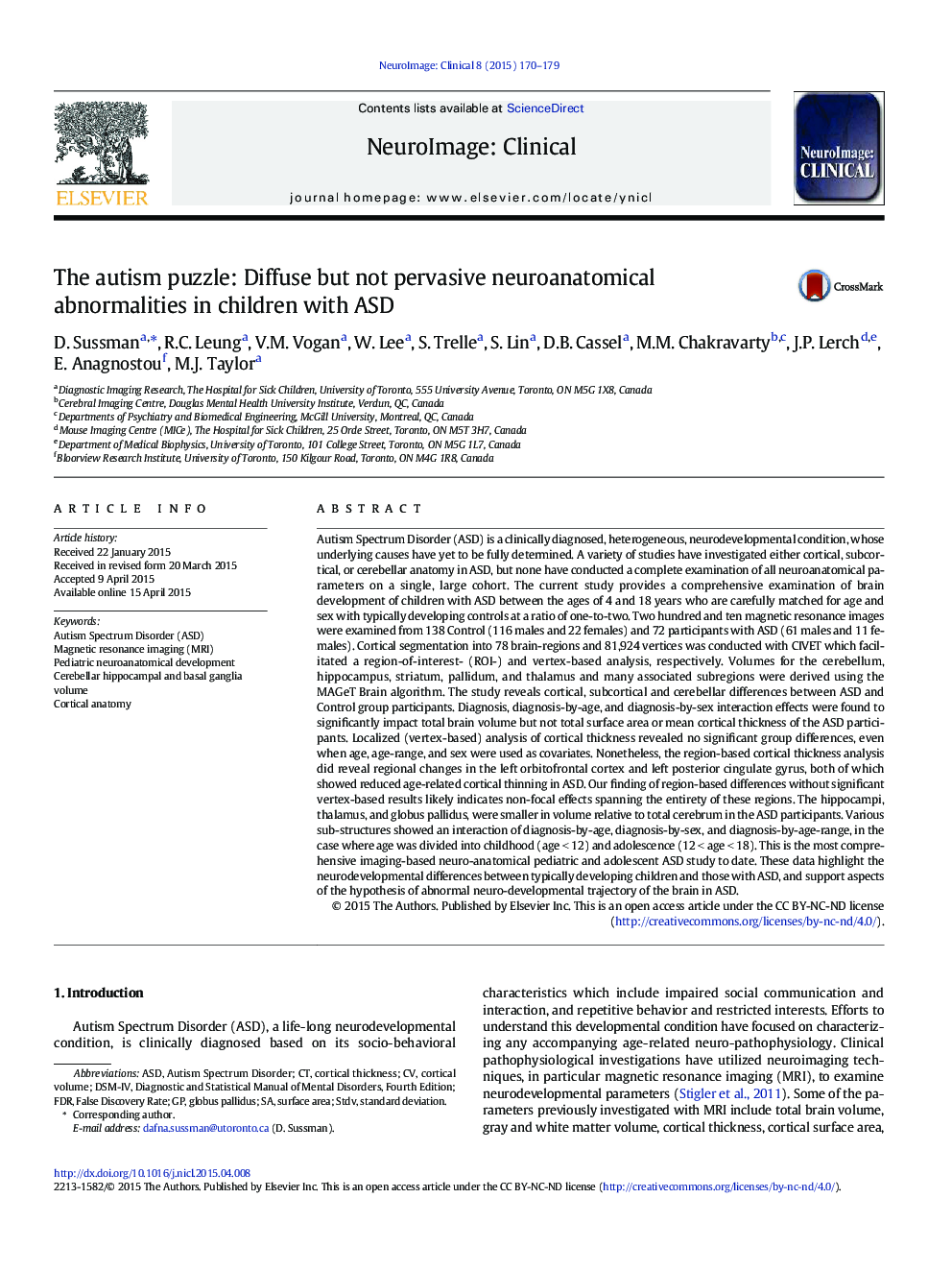 The autism puzzle: Diffuse but not pervasive neuroanatomical abnormalities in children with ASD