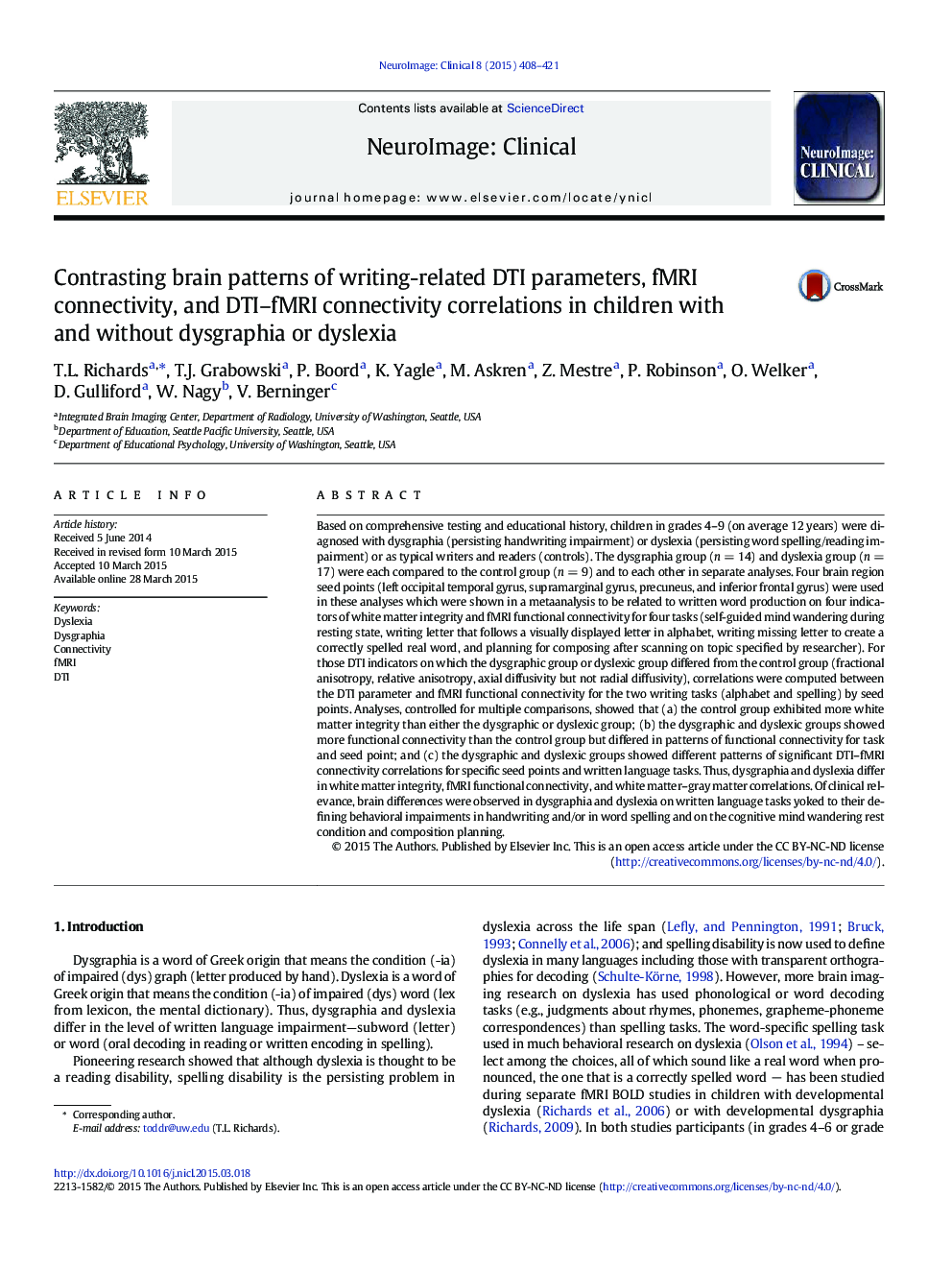 Contrasting brain patterns of writing-related DTI parameters, fMRI connectivity, and DTI–fMRI connectivity correlations in children with and without dysgraphia or dyslexia