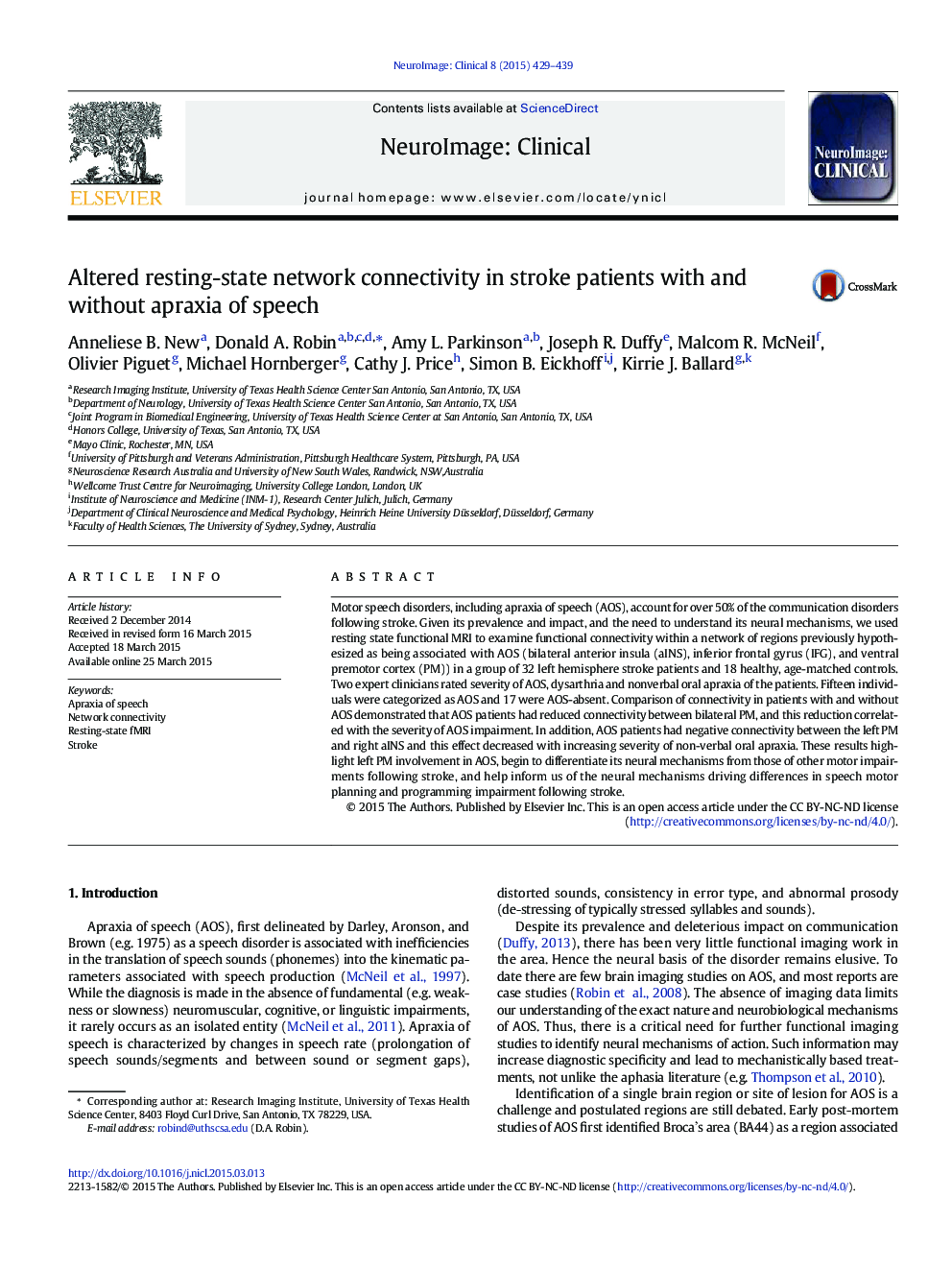 Altered resting-state network connectivity in stroke patients with and without apraxia of speech