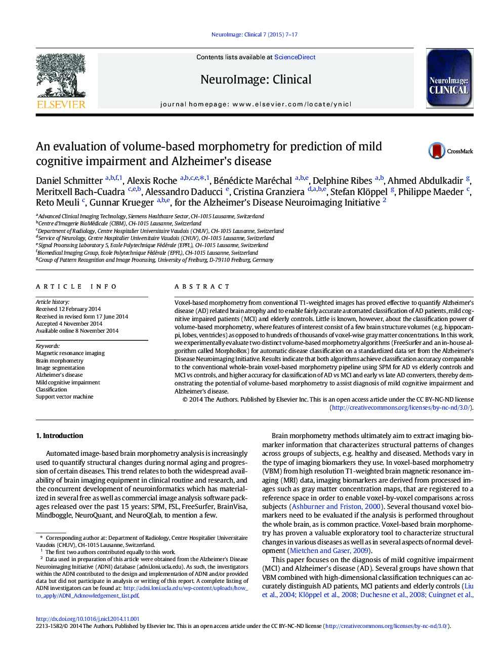 An evaluation of volume-based morphometry for prediction of mild cognitive impairment and Alzheimer's disease