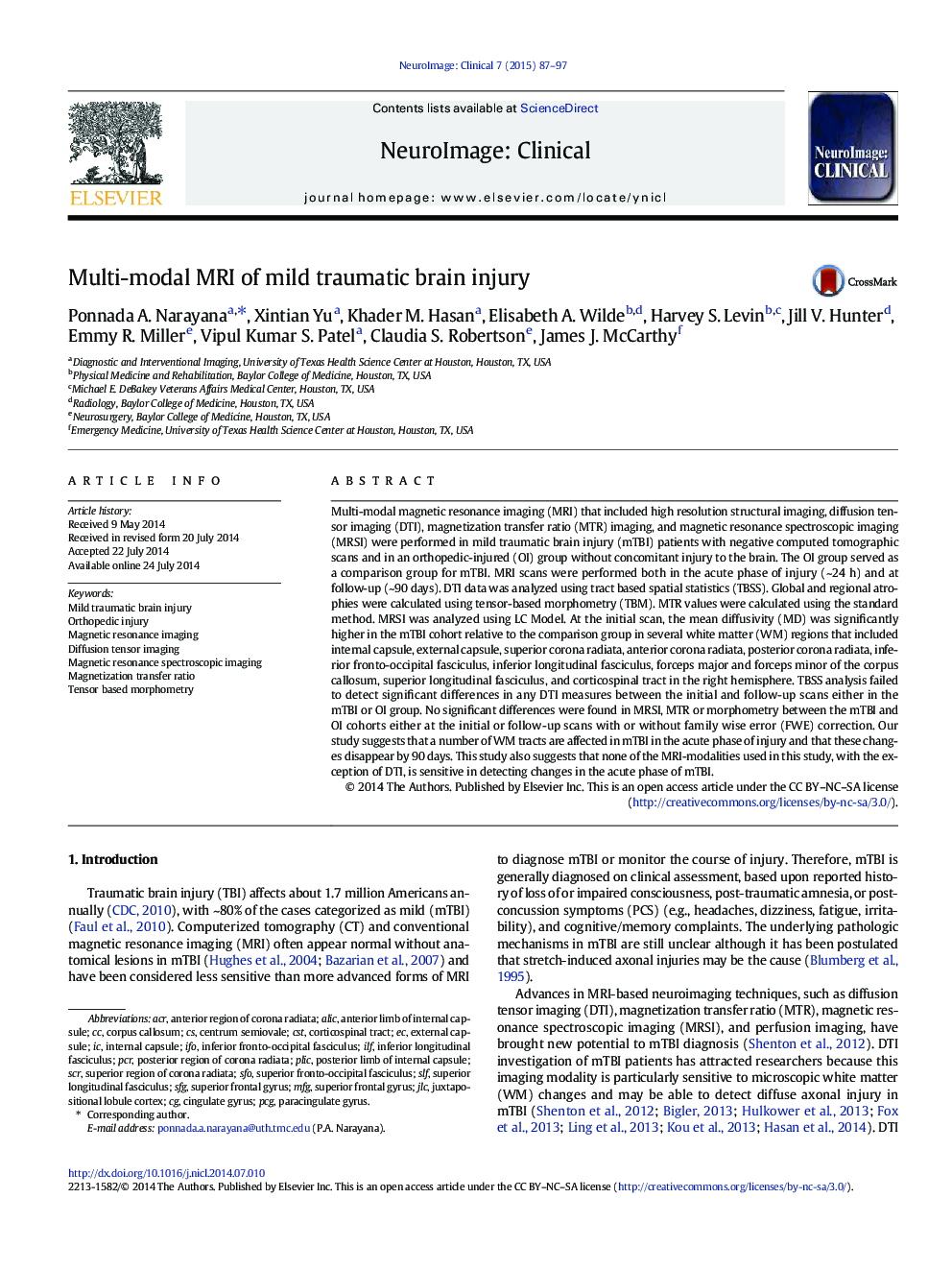 Multi-modal MRI of mild traumatic brain injury