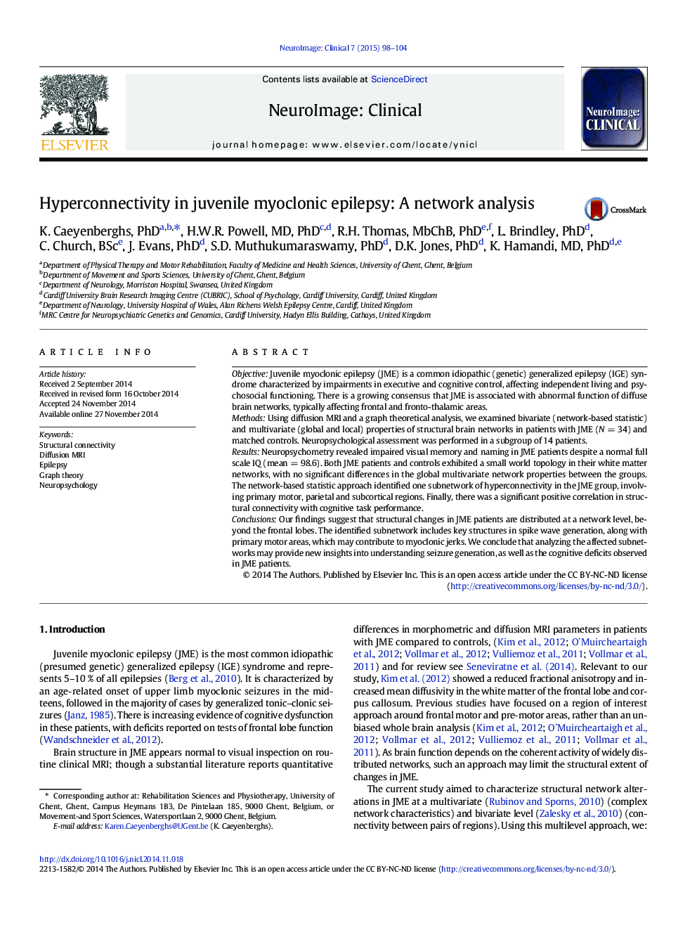 Hyperconnectivity in juvenile myoclonic epilepsy: A network analysis