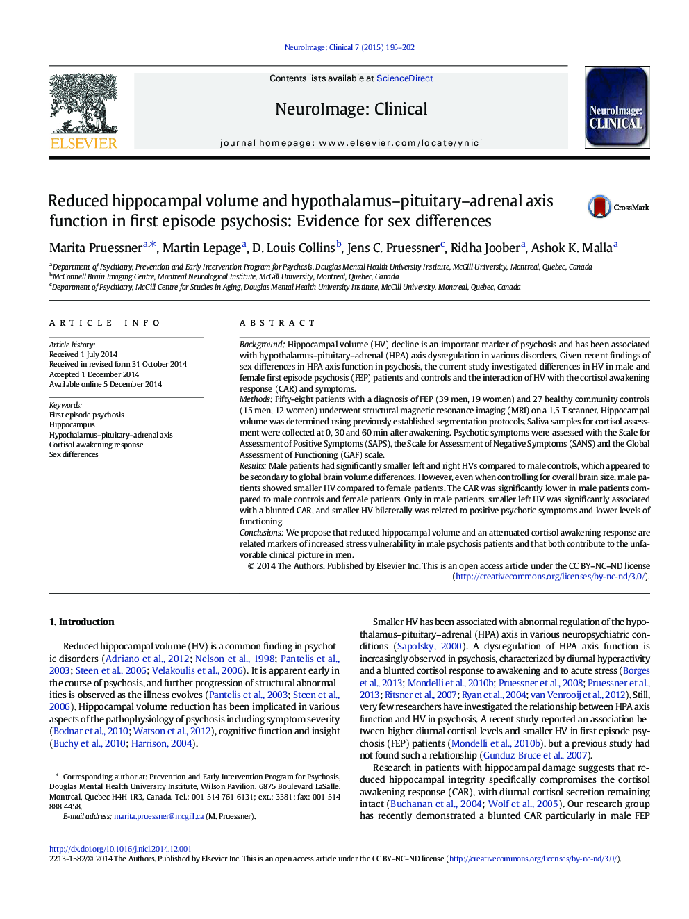 Reduced hippocampal volume and hypothalamus–pituitary–adrenal axis function in first episode psychosis: Evidence for sex differences