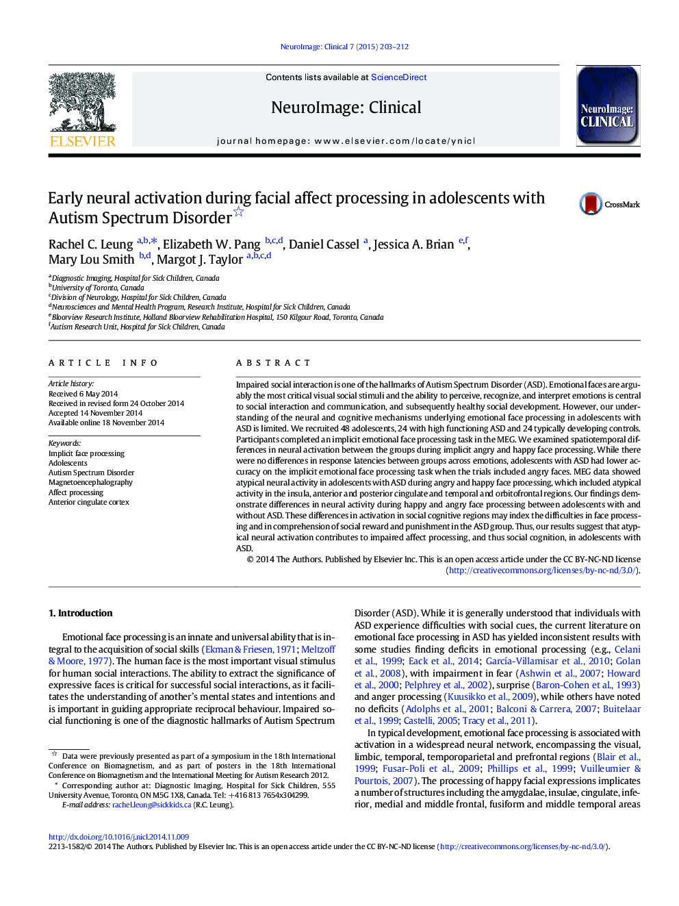 Early neural activation during facial affect processing in adolescents with Autism Spectrum Disorder 