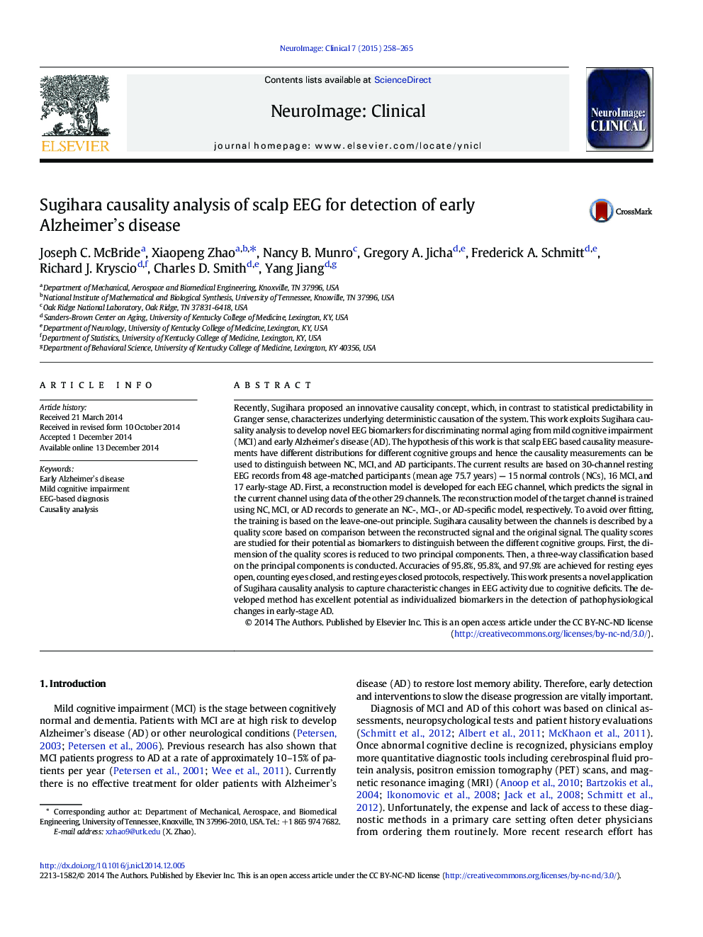 Sugihara causality analysis of scalp EEG for detection of early Alzheimer's disease