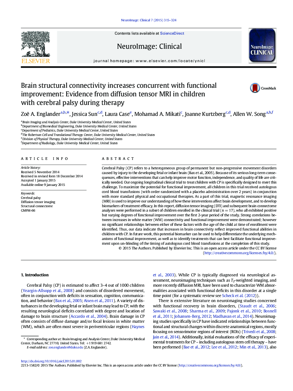 Brain structural connectivity increases concurrent with functional improvement: Evidence from diffusion tensor MRI in children with cerebral palsy during therapy