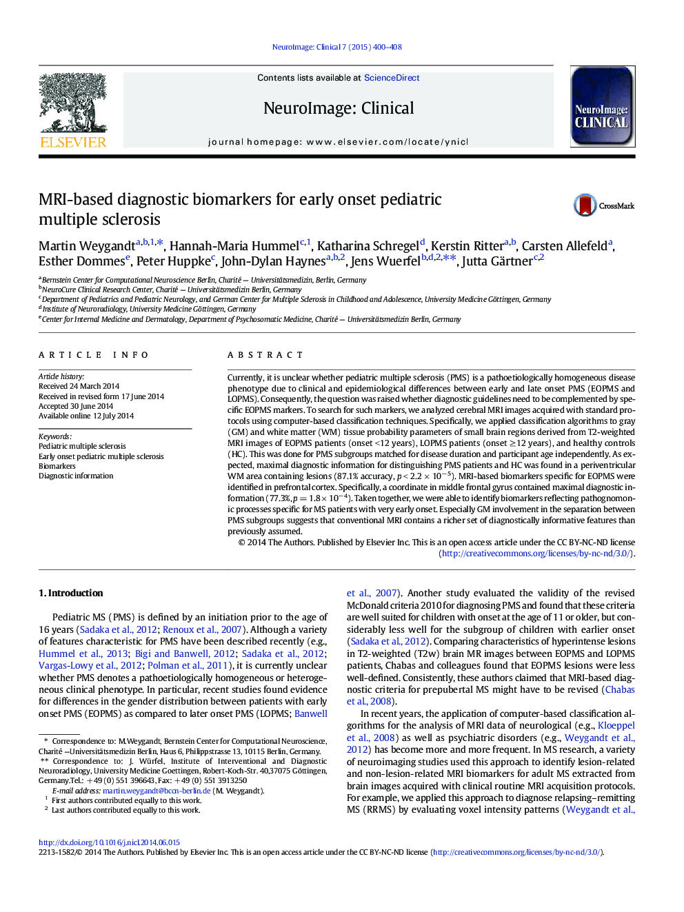 MRI-based diagnostic biomarkers for early onset pediatric multiple sclerosis