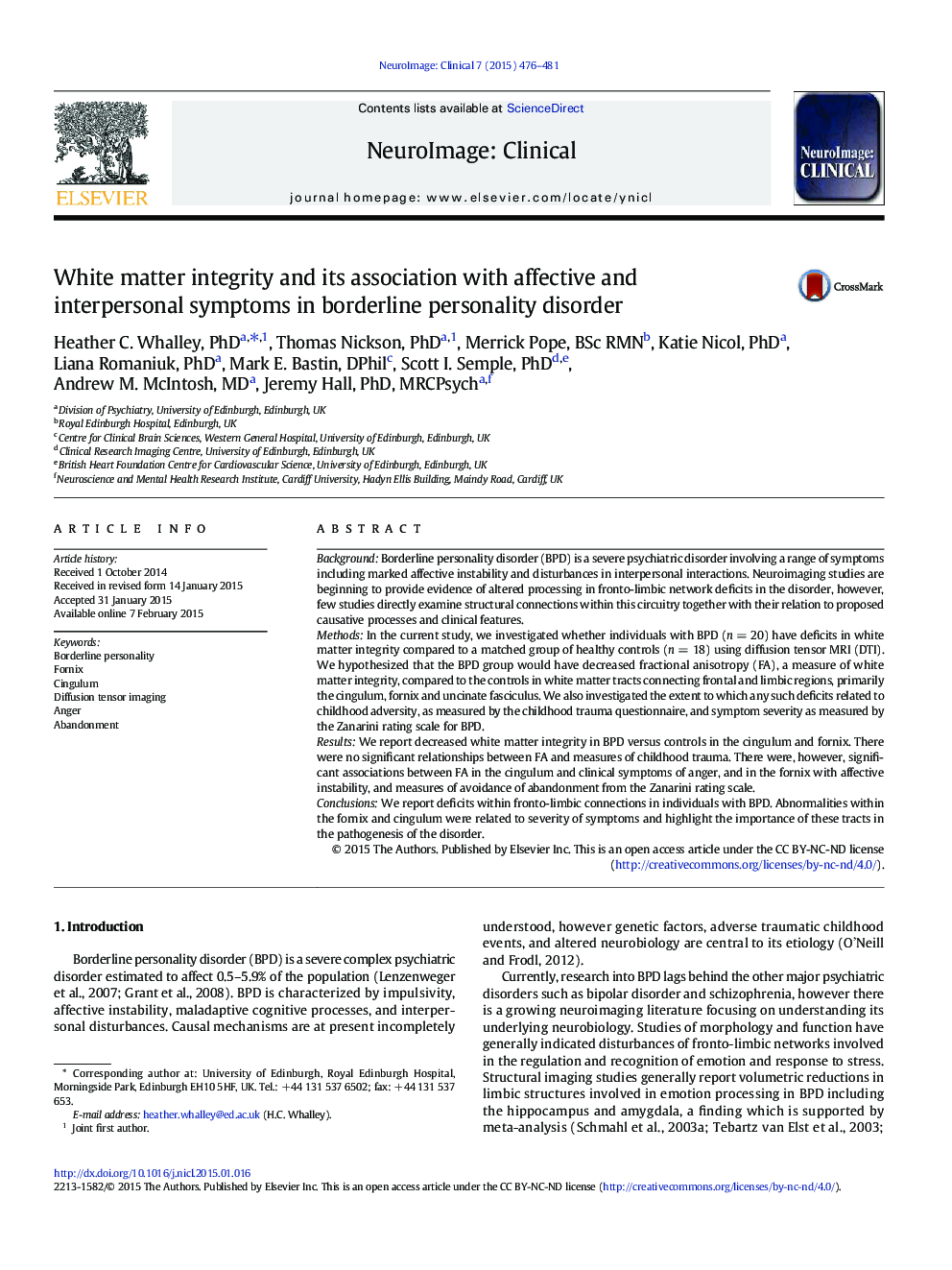 White matter integrity and its association with affective and interpersonal symptoms in borderline personality disorder