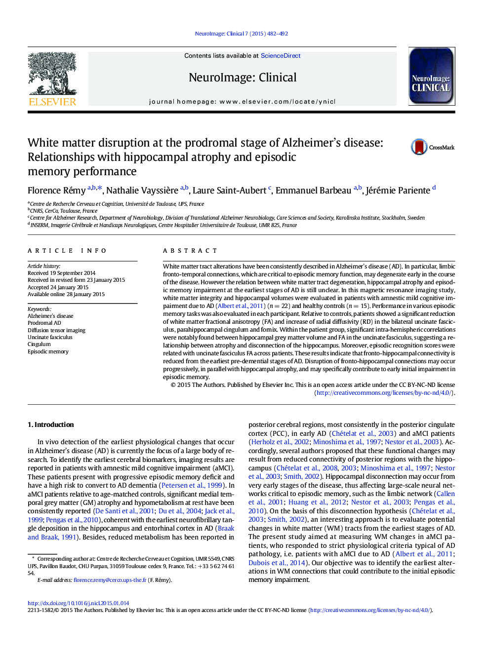 White matter disruption at the prodromal stage of Alzheimer's disease: Relationships with hippocampal atrophy and episodic memory performance