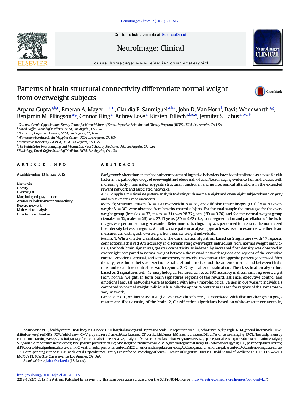 Patterns of brain structural connectivity differentiate normal weight from overweight subjects