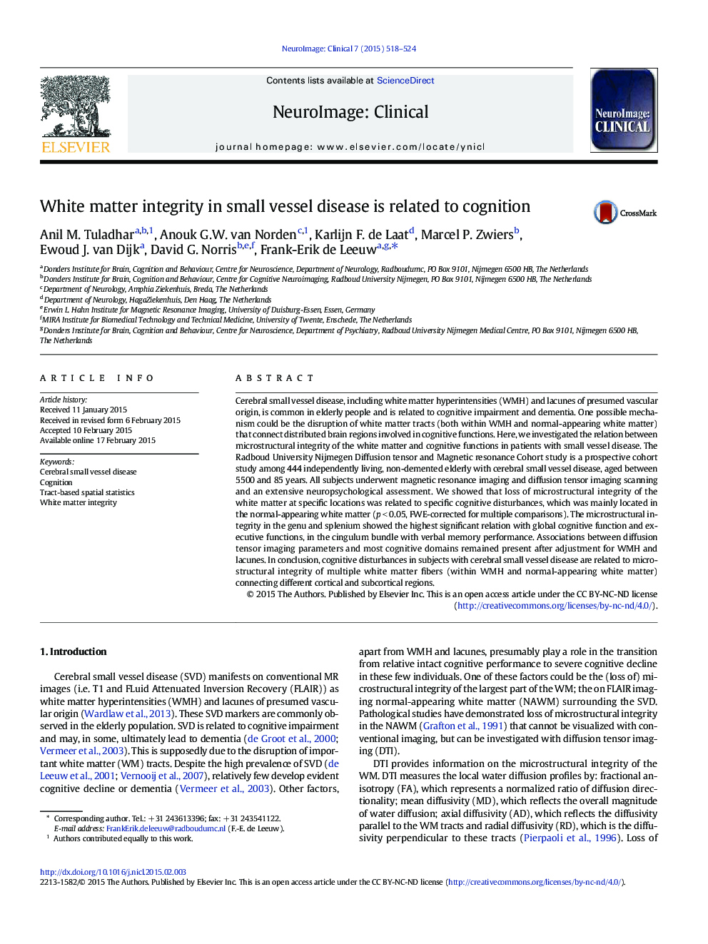 White matter integrity in small vessel disease is related to cognition