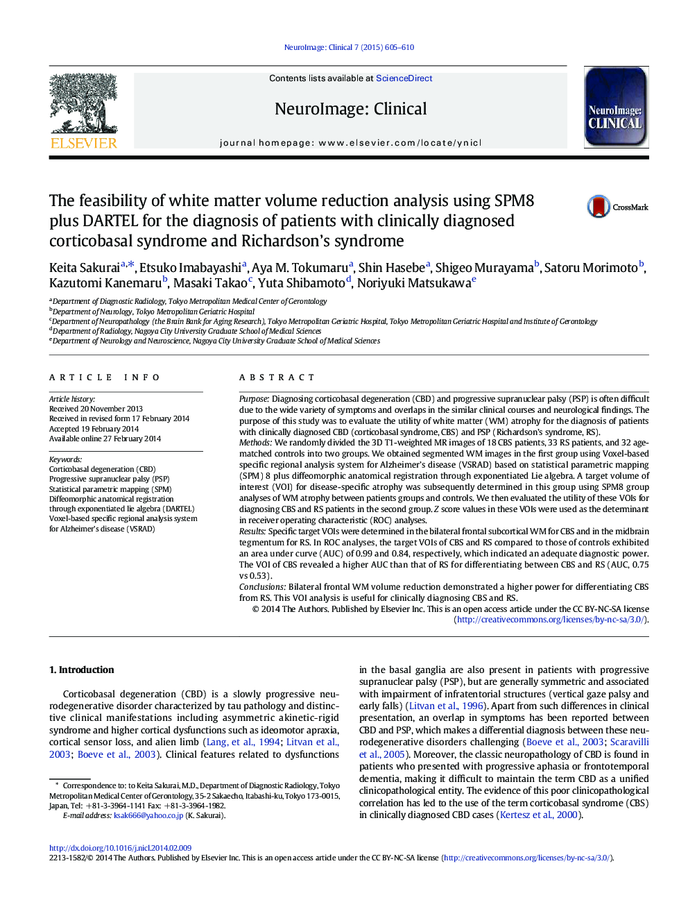 The feasibility of white matter volume reduction analysis using SPM8 plus DARTEL for the diagnosis of patients with clinically diagnosed corticobasal syndrome and Richardson’s syndrome