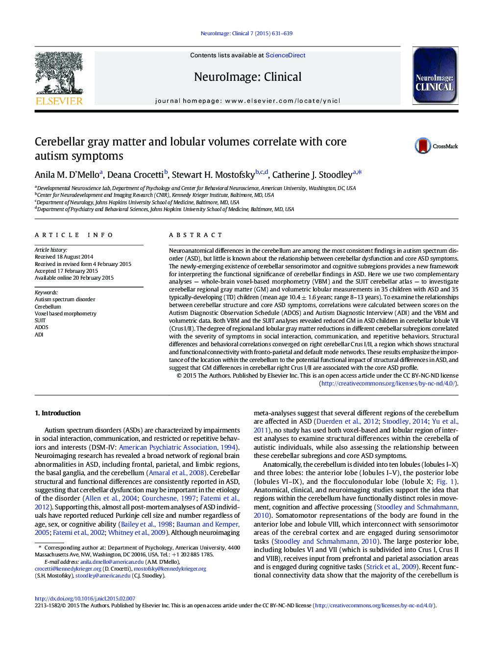 Cerebellar gray matter and lobular volumes correlate with core autism symptoms