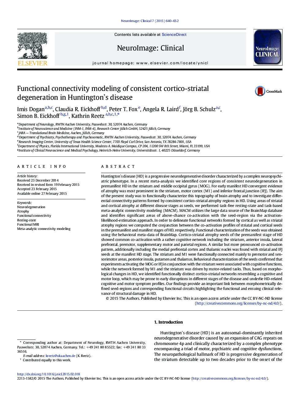 Functional connectivity modeling of consistent cortico-striatal degeneration in Huntington's disease