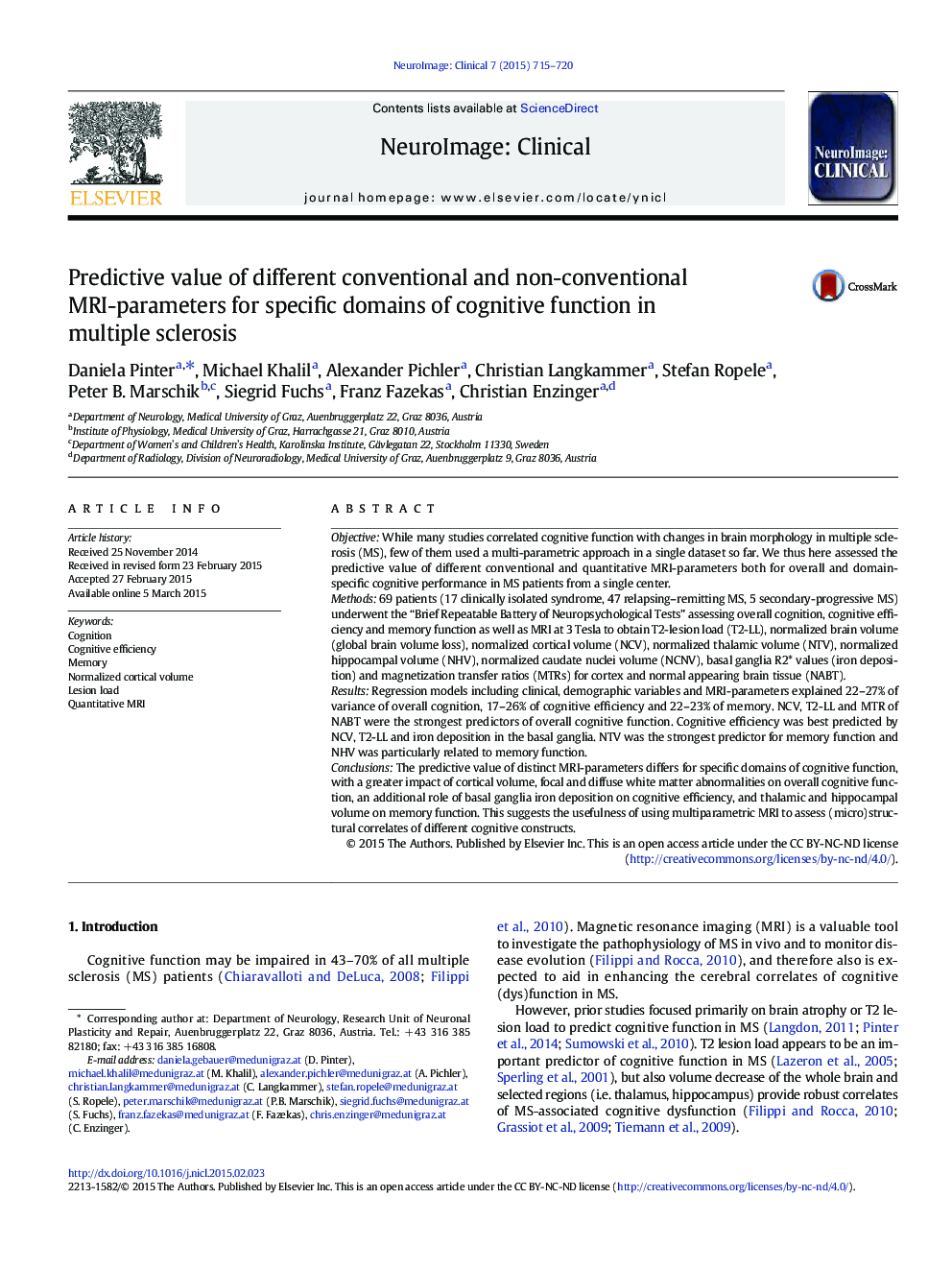 Predictive value of different conventional and non-conventional MRI-parameters for specific domains of cognitive function in multiple sclerosis