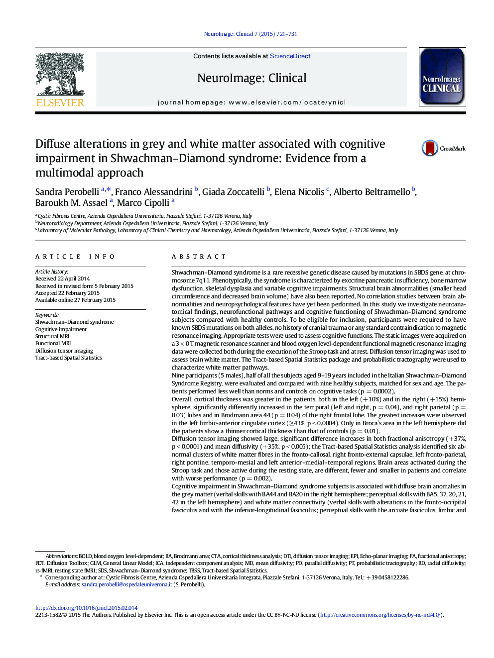 Diffuse alterations in grey and white matter associated with cognitive impairment in Shwachman–Diamond syndrome: Evidence from a multimodal approach