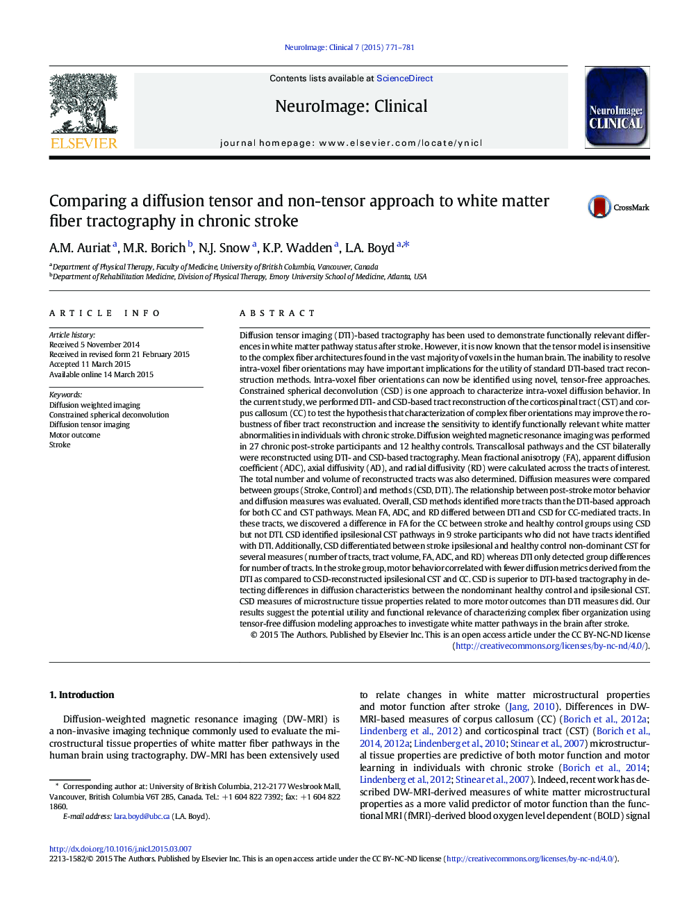 Comparing a diffusion tensor and non-tensor approach to white matter fiber tractography in chronic stroke