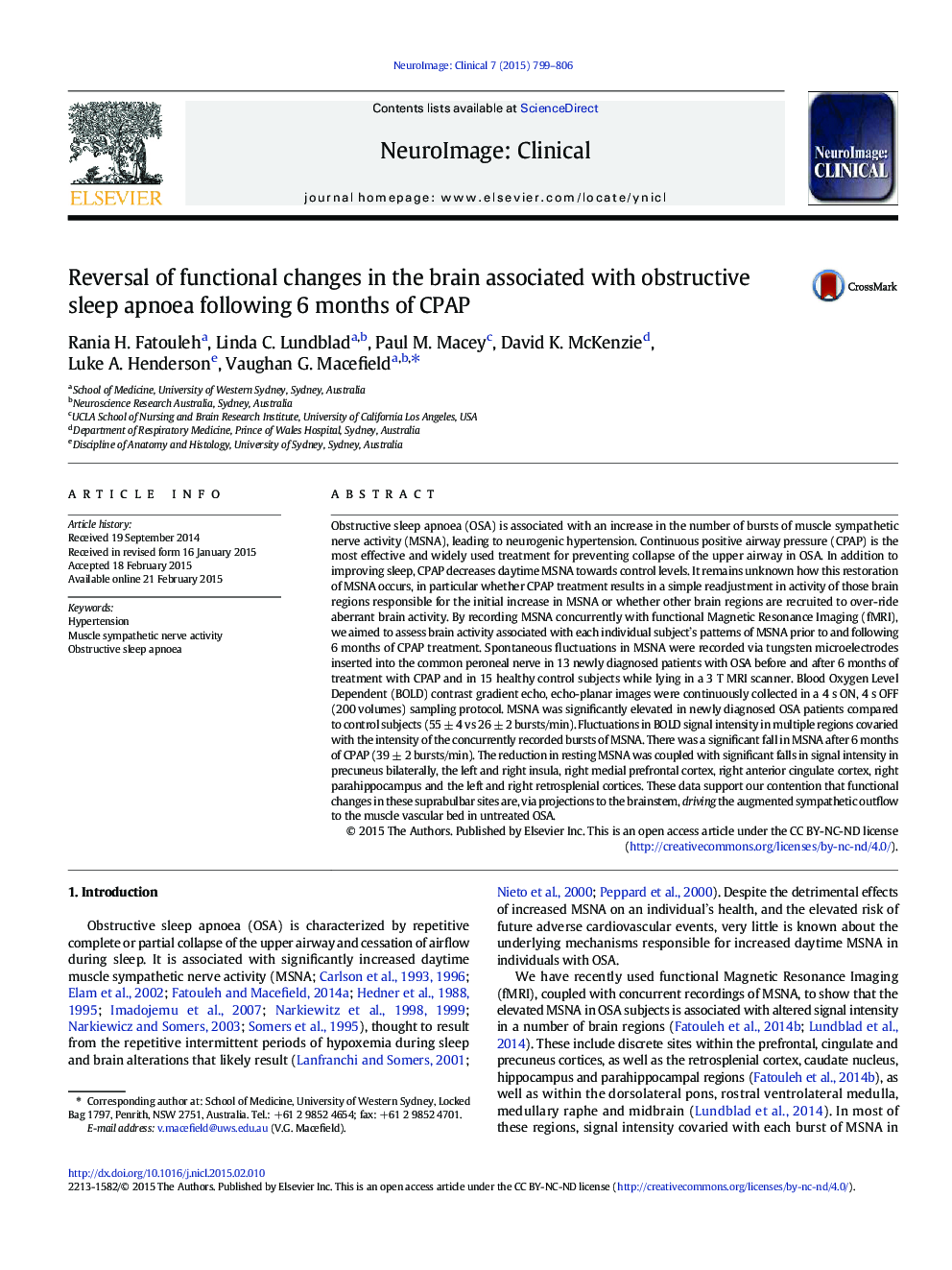 Reversal of functional changes in the brain associated with obstructive sleep apnoea following 6 months of CPAP