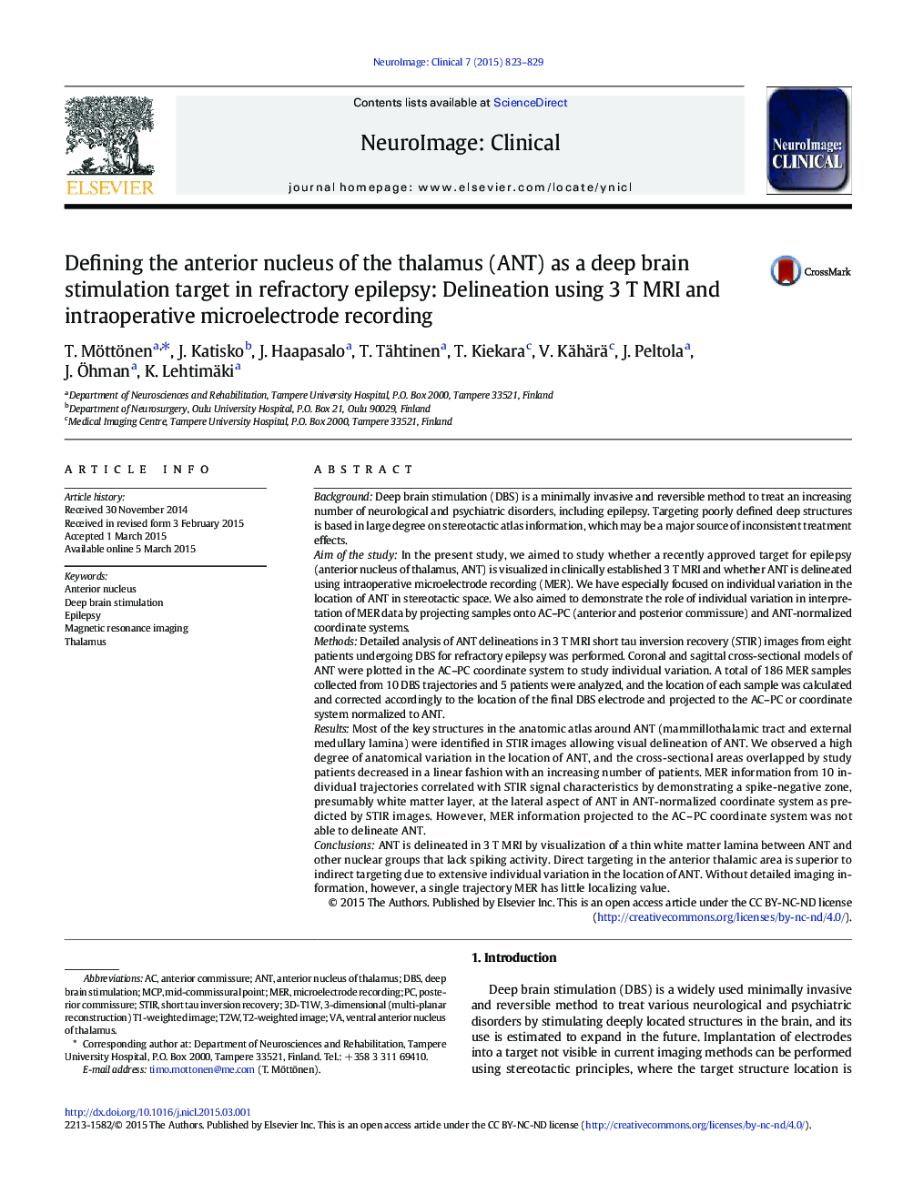 Defining the anterior nucleus of the thalamus (ANT) as a deep brain stimulation target in refractory epilepsy: Delineation using 3 T MRI and intraoperative microelectrode recording