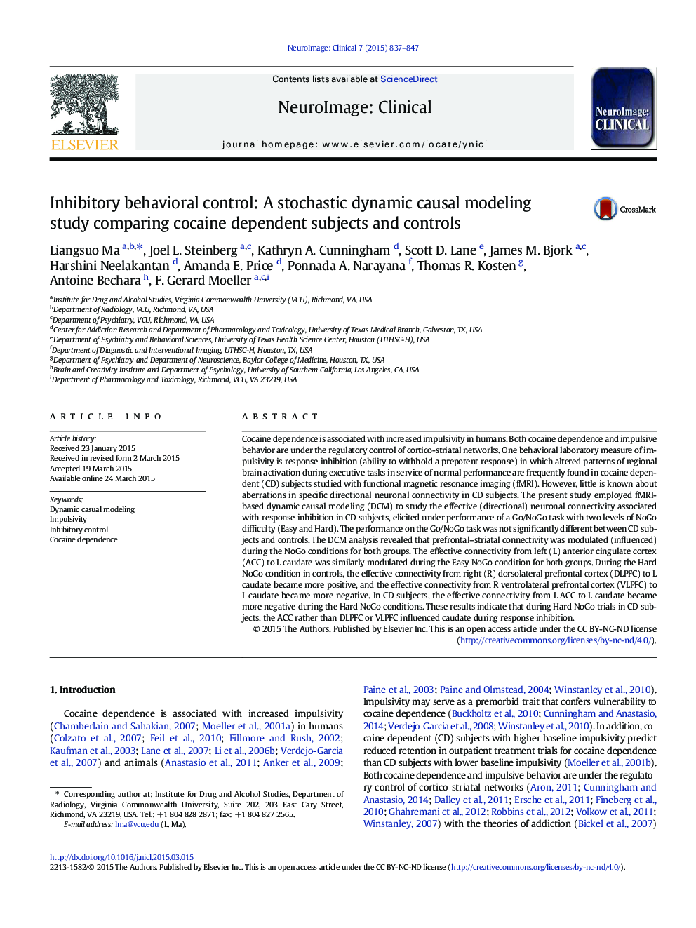 Inhibitory behavioral control: A stochastic dynamic causal modeling study comparing cocaine dependent subjects and controls