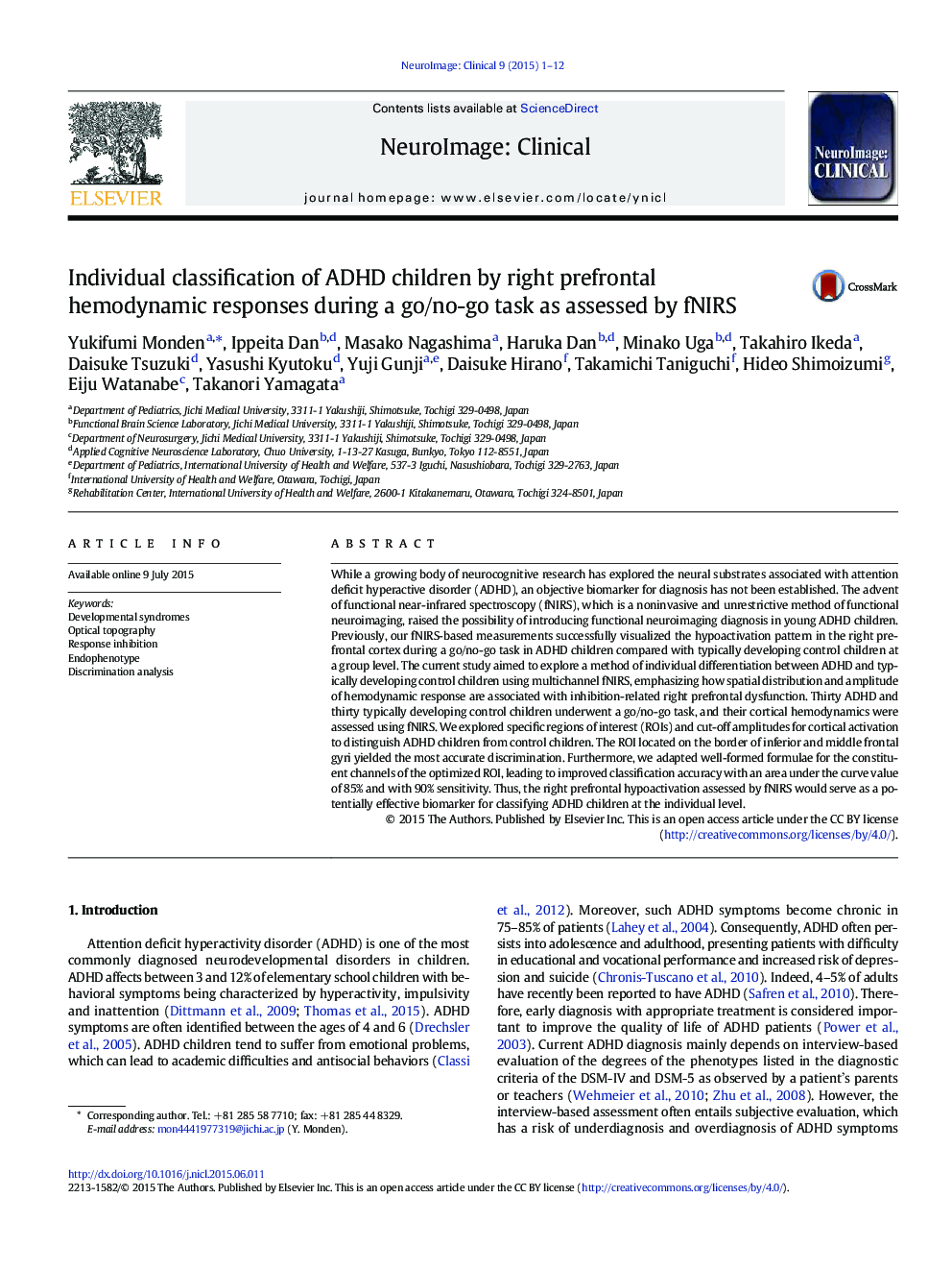 Individual classification of ADHD children by right prefrontal hemodynamic responses during a go/no-go task as assessed by fNIRS