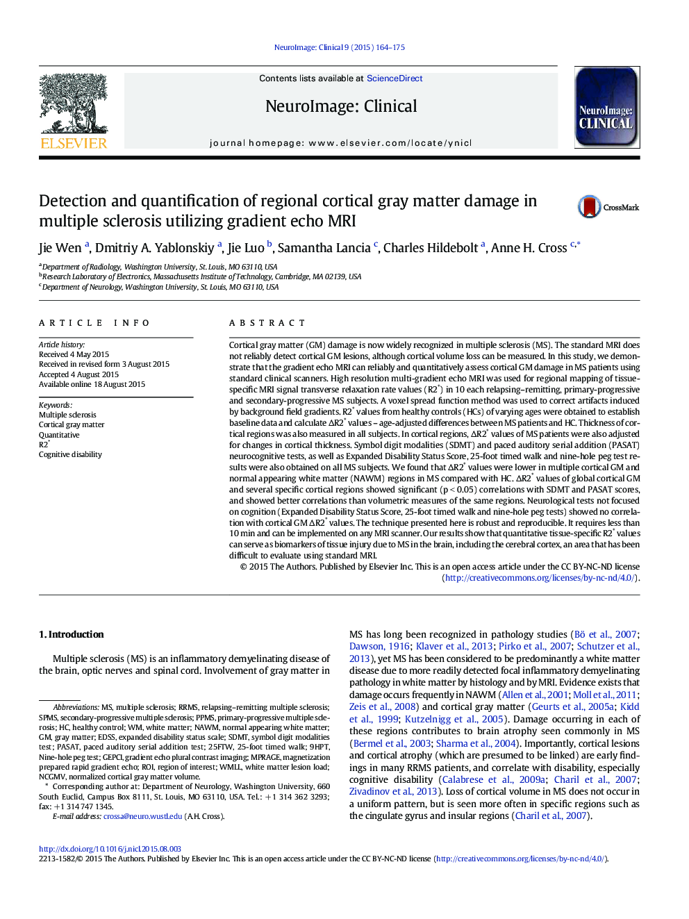 Detection and quantification of regional cortical gray matter damage in multiple sclerosis utilizing gradient echo MRI