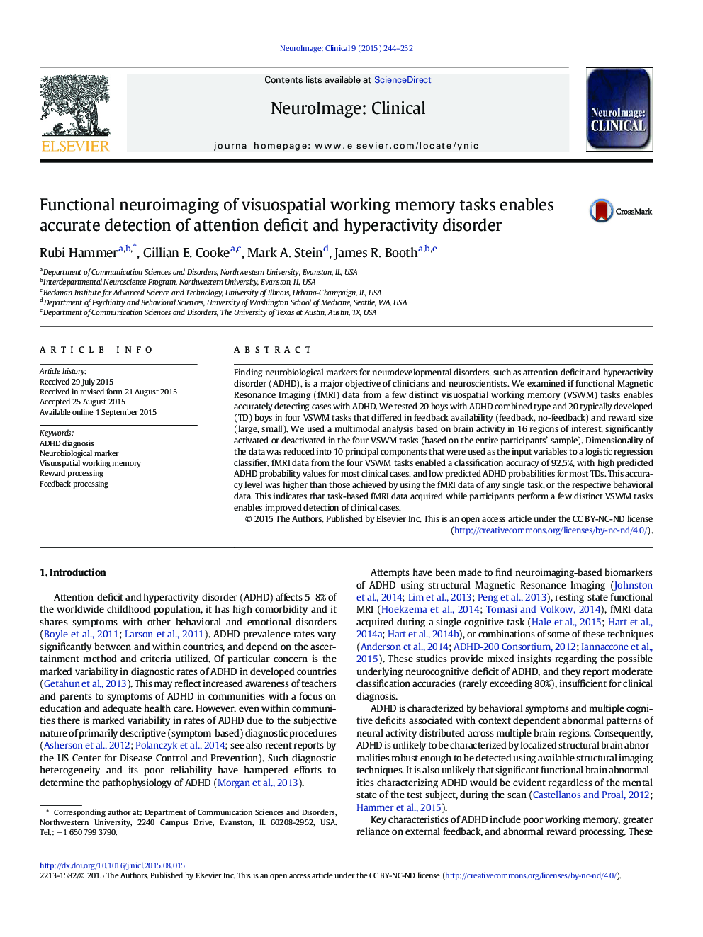 Functional neuroimaging of visuospatial working memory tasks enables accurate detection of attention deficit and hyperactivity disorder