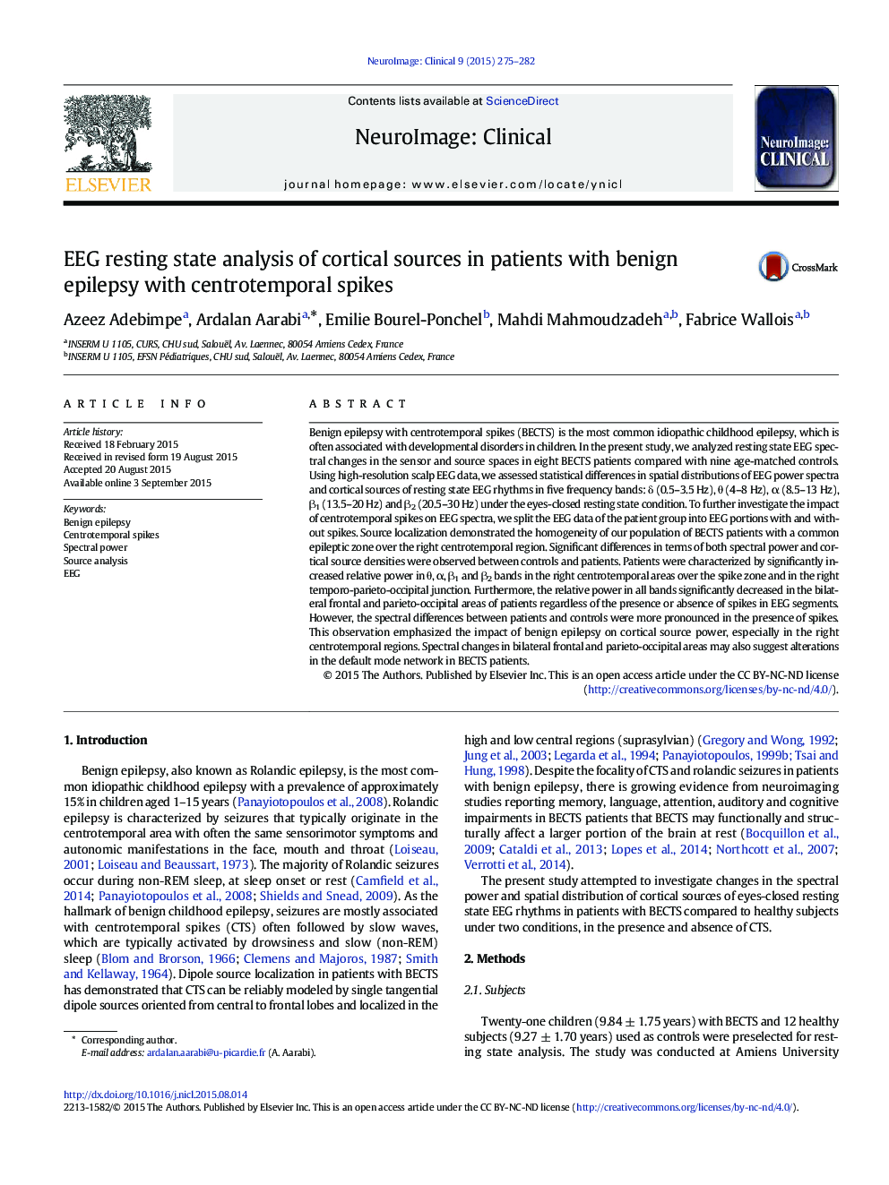 EEG resting state analysis of cortical sources in patients with benign epilepsy with centrotemporal spikes