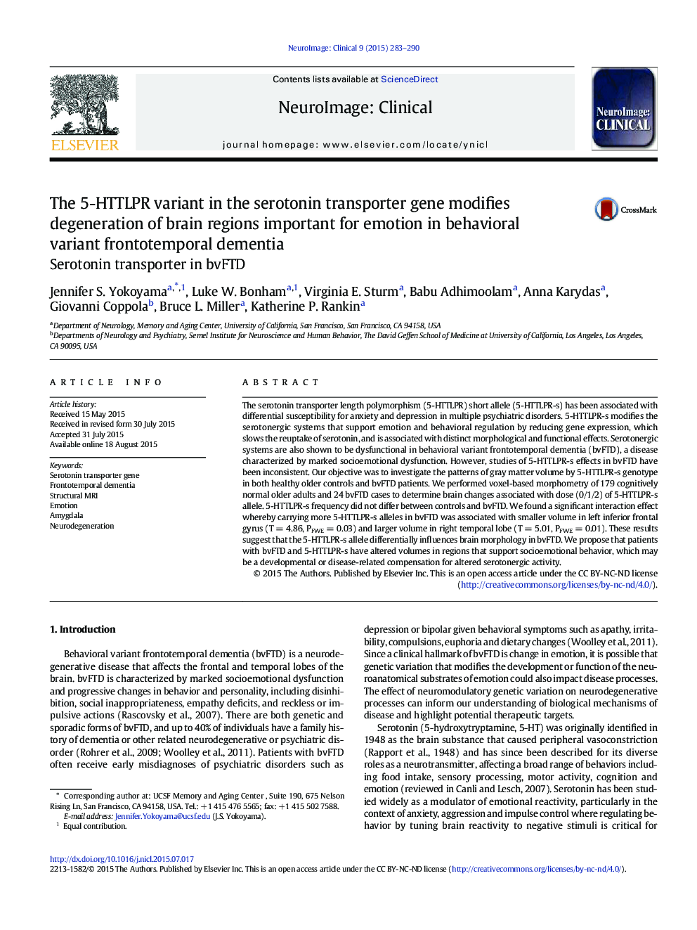 The 5-HTTLPR variant in the serotonin transporter gene modifies degeneration of brain regions important for emotion in behavioral variant frontotemporal dementia